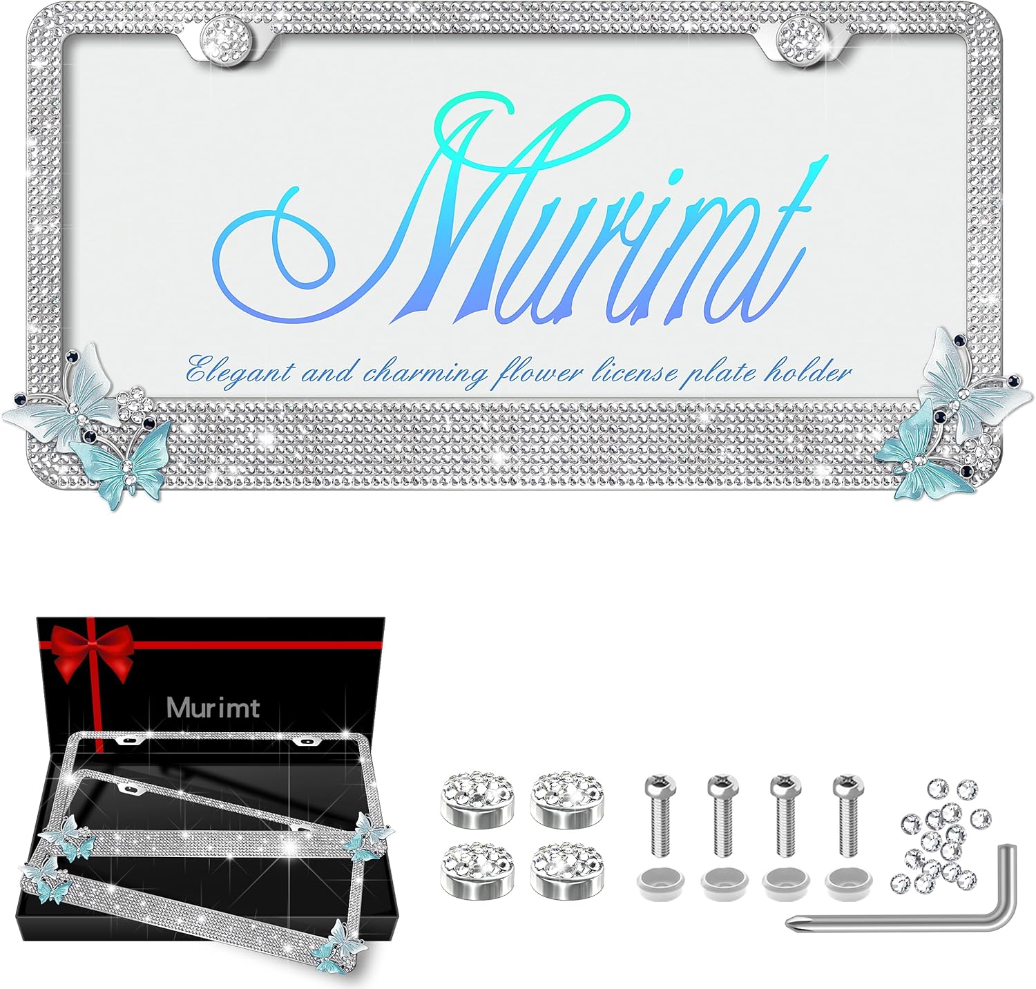 Rhinestone Butterfly License Plate Frames 2 Pack Glitter License Plate Frame Bling License Plate Holder Cover Custom Bedazzled White License Llate Frame- High End Gift Box Packaging