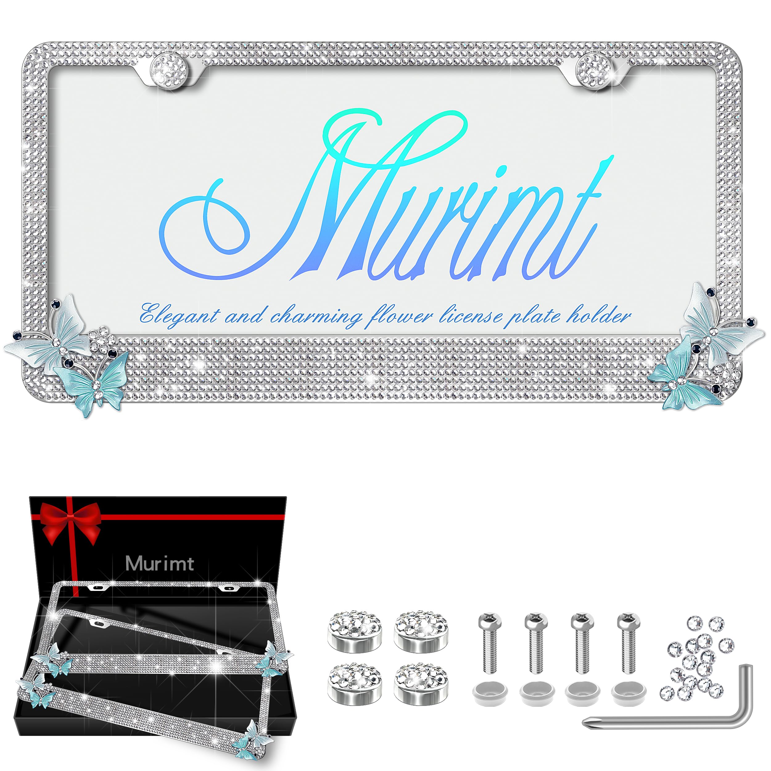 Murimt Rhinestone Butterfly License Plate Number Holder Frames 2 Pack Glitter License Plate Frame Bling Custom Bedazzled White License Plate Holder Cover - High End Gift Box Packaging