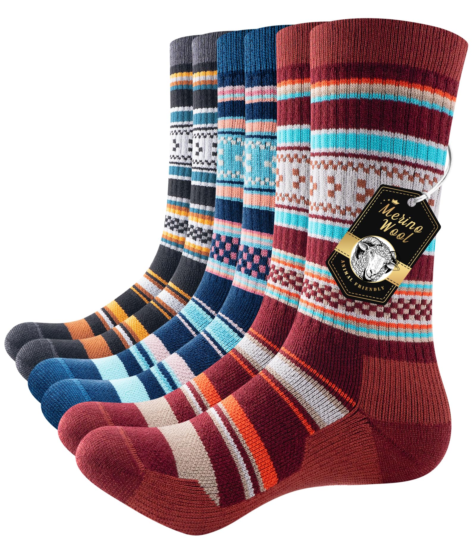 PULIOU Merino Socken Thermosocken Herren Damen Wandersocken Dicke Merinowolle Outdoor Trekkingsocken Anti-Blasen Arbeitssocken Wintersocken,3 Paar