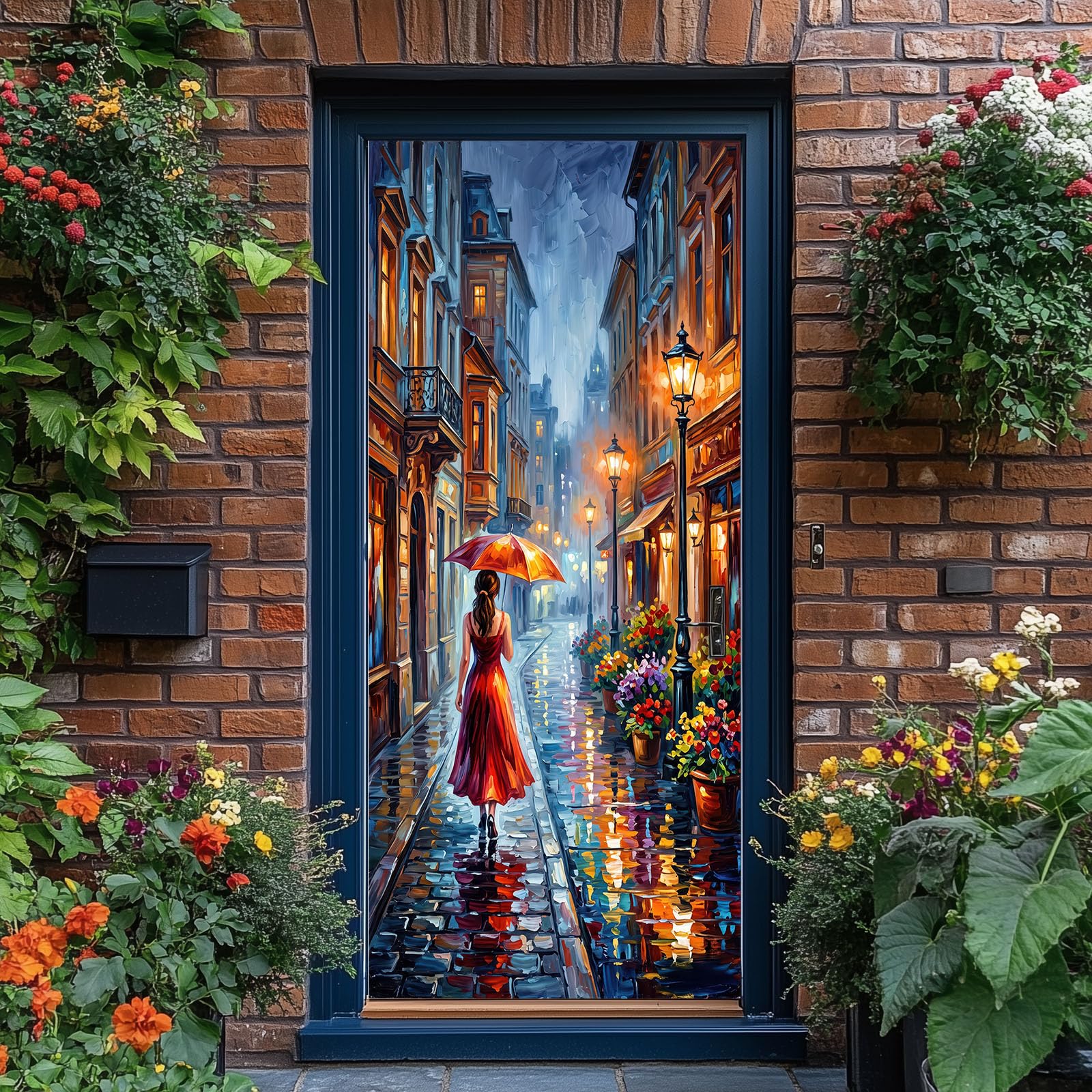 Szary obraz olejny, folia na drzwi, plakat 90 x 200 cm – wodoszczelna, zdejmowana naklejka na drzwi z PCW, ulica miejska, wzór kobiety, samoprzylepna, naklejka ścienna do łazienki, kuchni, dekoracja