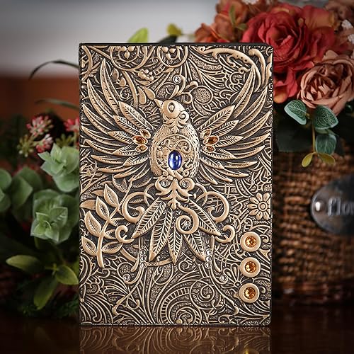 Miniatura 5 de Diario sin forro Phoenix Brass 3D con diseño de arte en relieve de tapa dura en blanco, cuaderno de bocetos A5 con 2 marcadores, 8.4 x 5.7 pulgadas