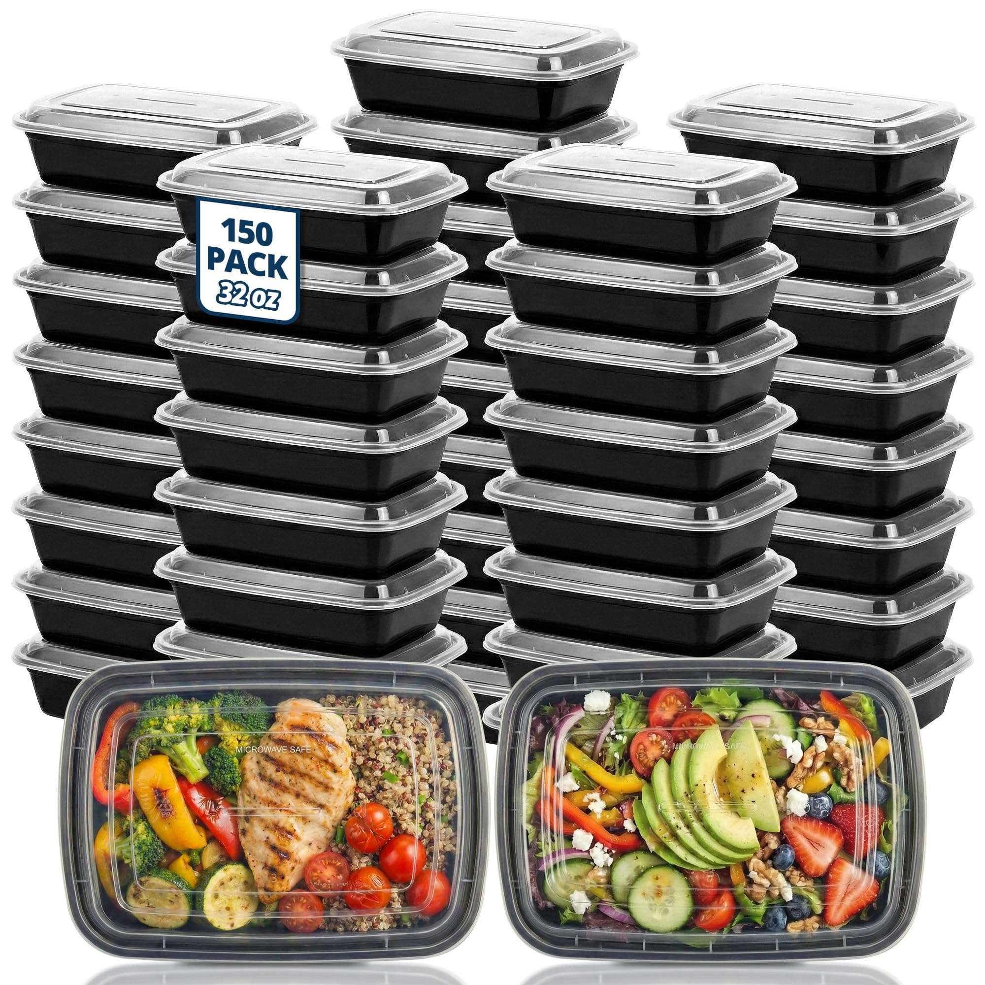 TIYA - Recipientes de comida para llevar, paquete de 150 unidades de 32 onzas con tapas, recipientes rectangulares de plástico para llevar, reutilizables, aptos para microondas y lavavajillas, a