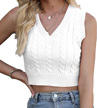 CHDBLOCK Clothing Womens V-Neck Knit Sweater Vest Solid Color Sleeveless Crop Knit Vest Sweaters