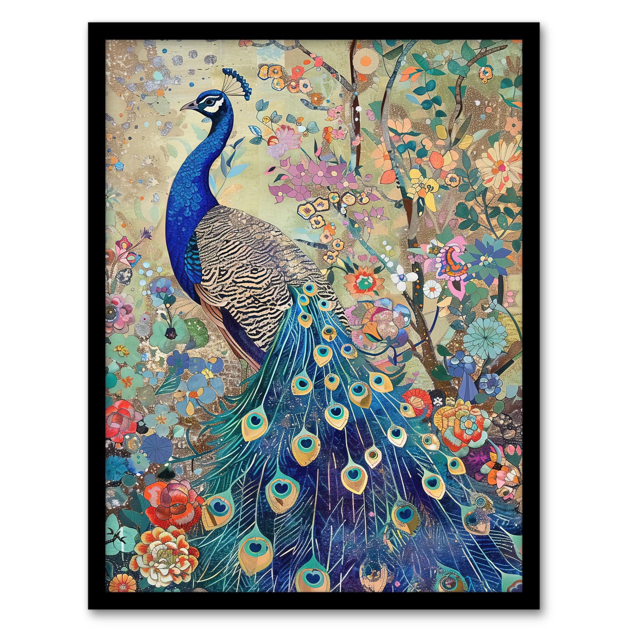 Artery8 Detailed Blue Peacock Wildflower Forest Painting Living Room Artwork Framed Wall Art Print 18X24 Inch