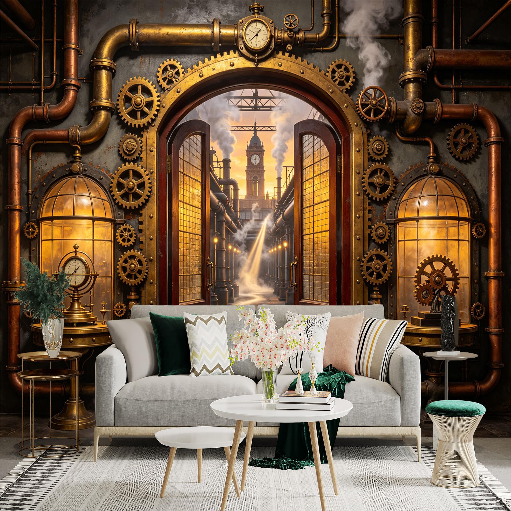 Custom Size Wall Sticker Mural， Steampunk Factory with Gears， Pipes and Vintage Clockwork， for wall Decoration， peelandstick wall Decals.