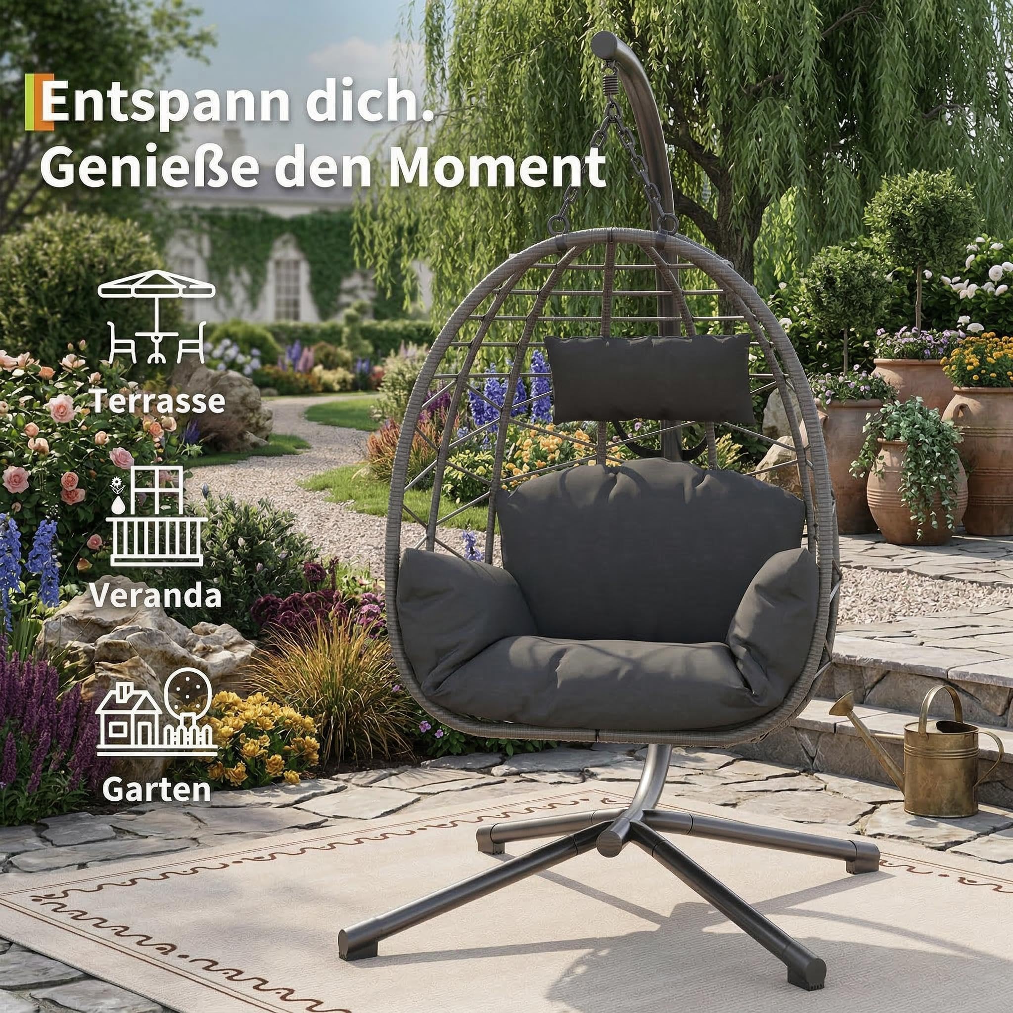 Faltbarer Hängesessel mit Gestell – Wetterfestes PE-Rattan, inkl. Staubschutzhaube & Kissen, ergonomisch & einfach zu montieren – Für Garten, Balkon, Terrasse – Belastbar bis 150kg – Graues