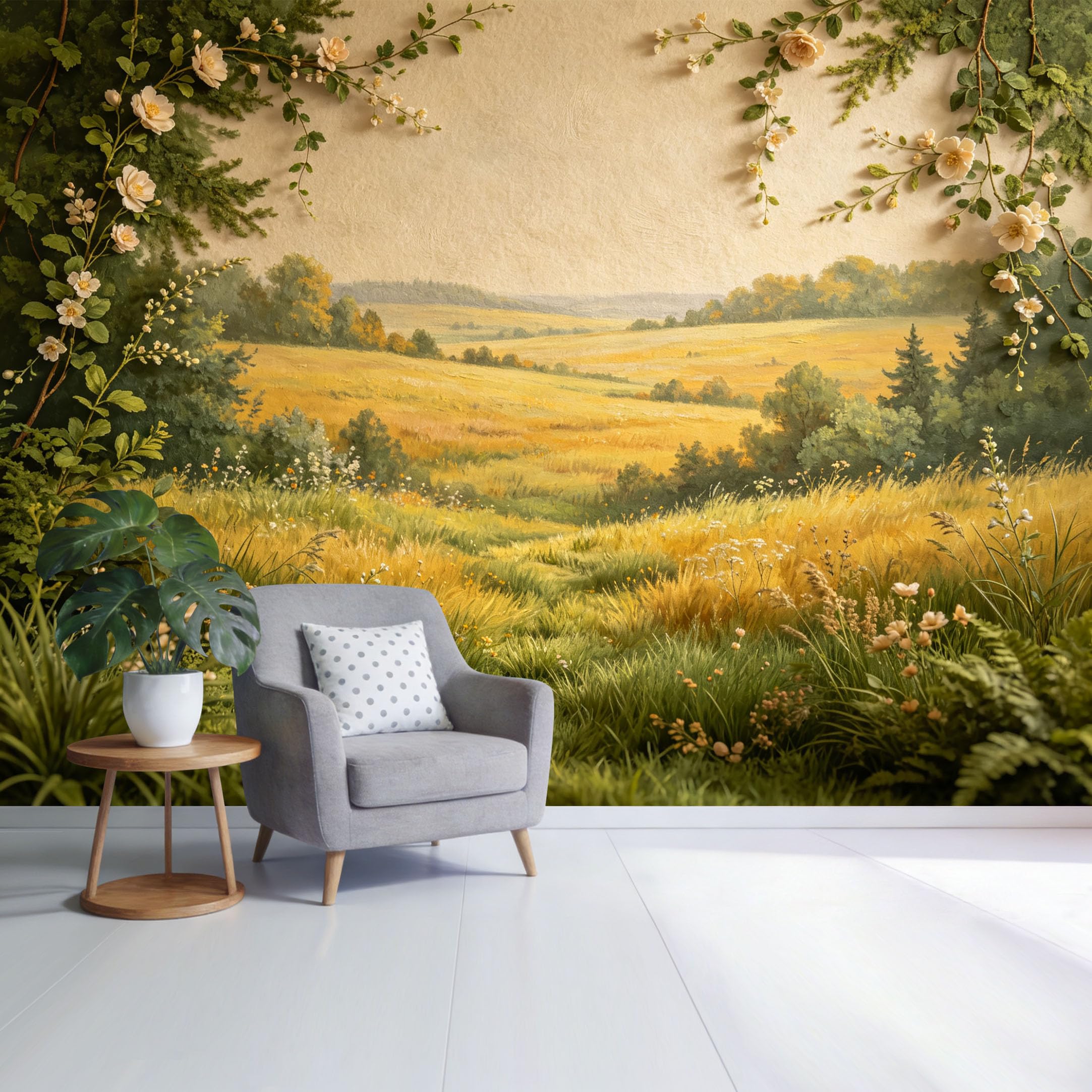 Custom Size Wall Mural Golden Meadow Landscape Botanical Floral Field Watercolor Style SelfAdhesive Wall Fabric Removable Wallpaper for Home Office Decor