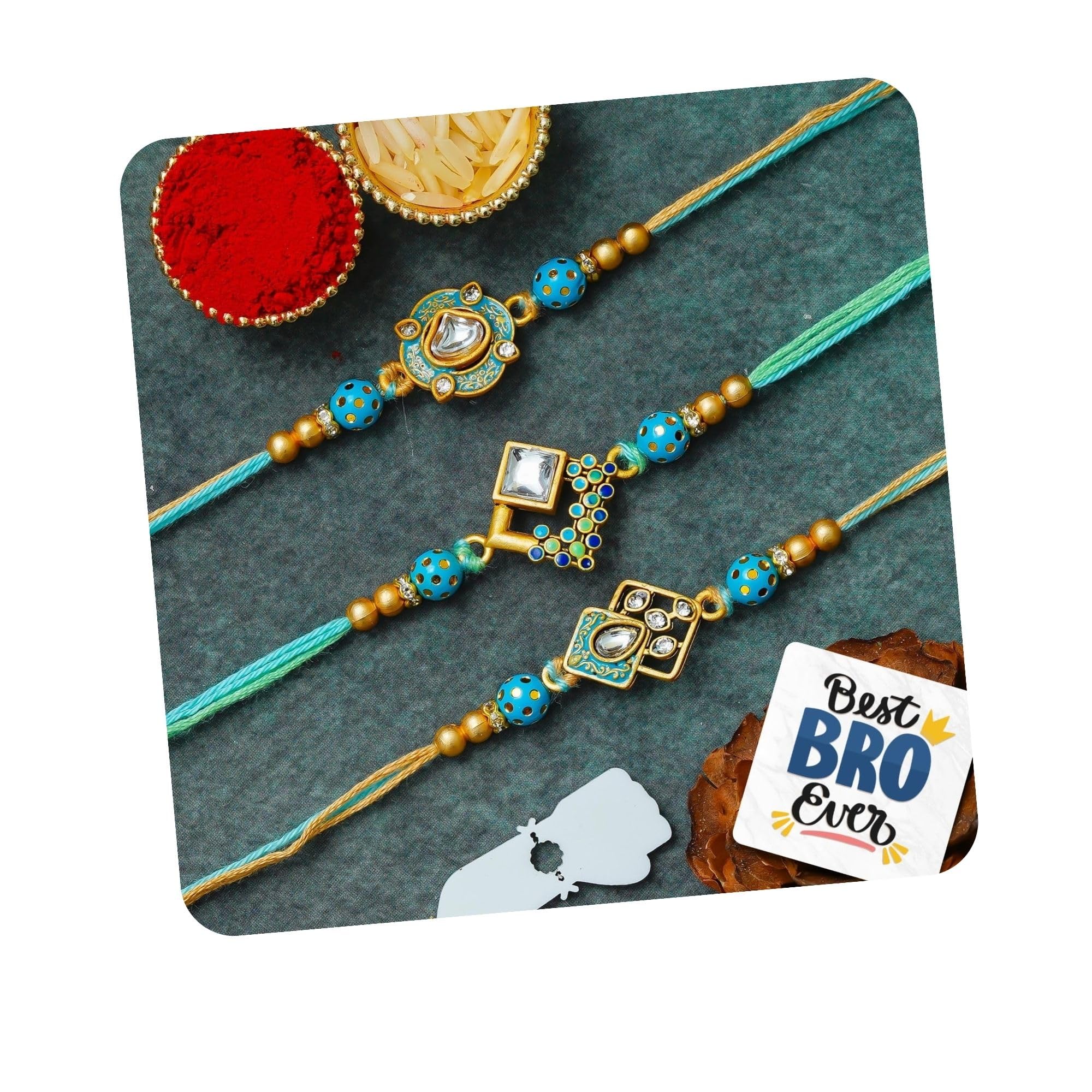 eCraftIndia Set of 3 Kundan Beads Designer Rakhis | Best Bro Ever Fridge Magnet | Roli Chawal Pack | Rakhi for Brother Bhaiya Bhai Bhabhi Kids-image-17