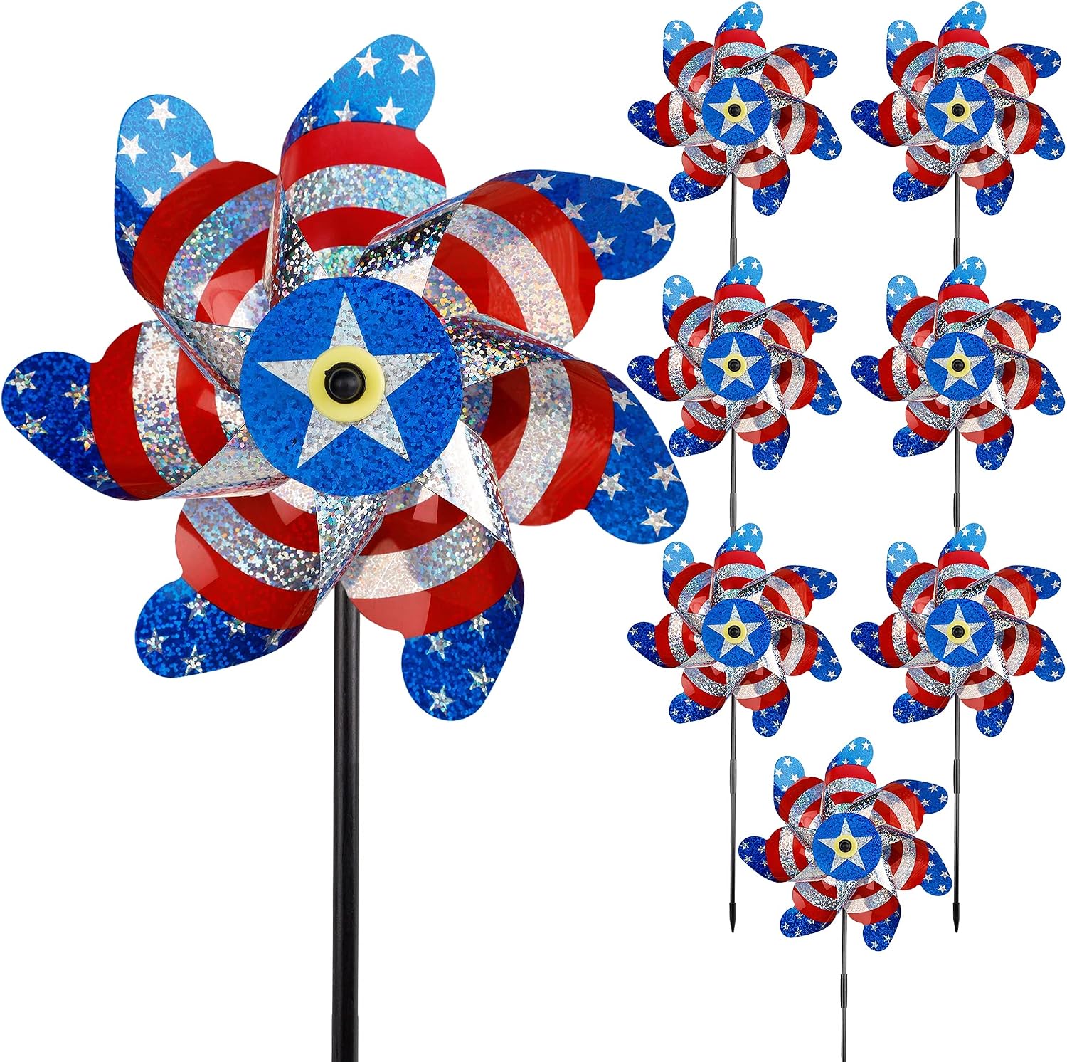 winemana Reflective Pinwheels, American Flag Pattern for Celebrating Independence Day, 7" x 18" Patriotic Decorations for Garden and Yard, Set of 8 Red White Blue Gift