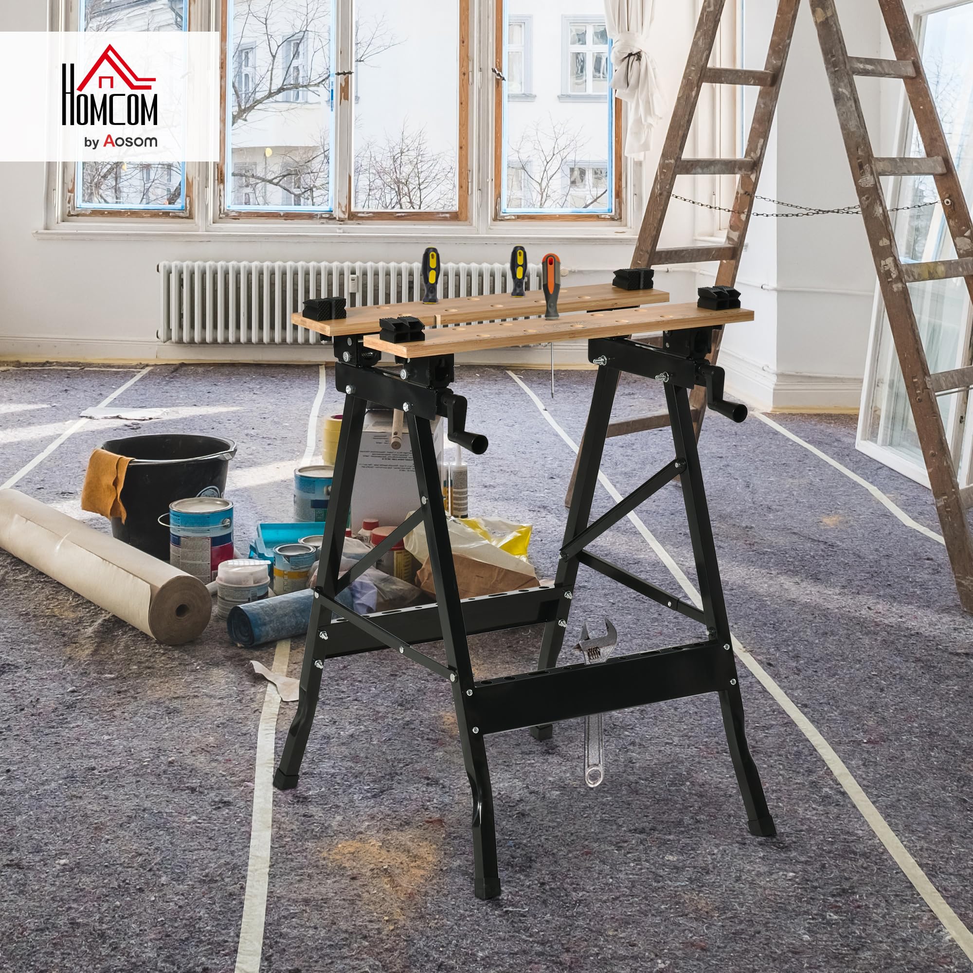 HOMCOM Banco da Lavoro Pieghevole 4 Morse Portata 150 kg Nero e Legno | Riga e Goniometro, Tavolo da Lavoro Regolabile e Portatile, per Casa e Fai da Te