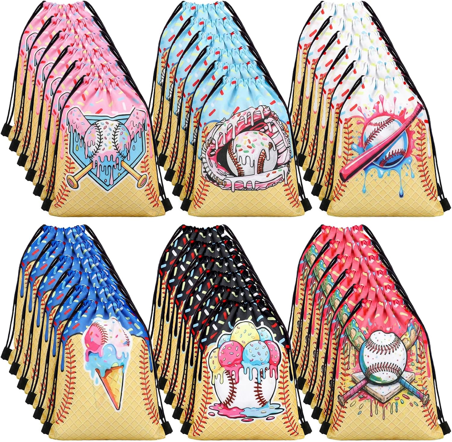 Sunnymove 36 Pcs Ice Cream Drip Baseball Party Favors 7.5'' x 10'' Baseball Drawstring Bag with Handle Ice Cream Drip Bags Bulk Sport Themed Gift Wraps Party Supply for Team Birthday Treat Candy Snack