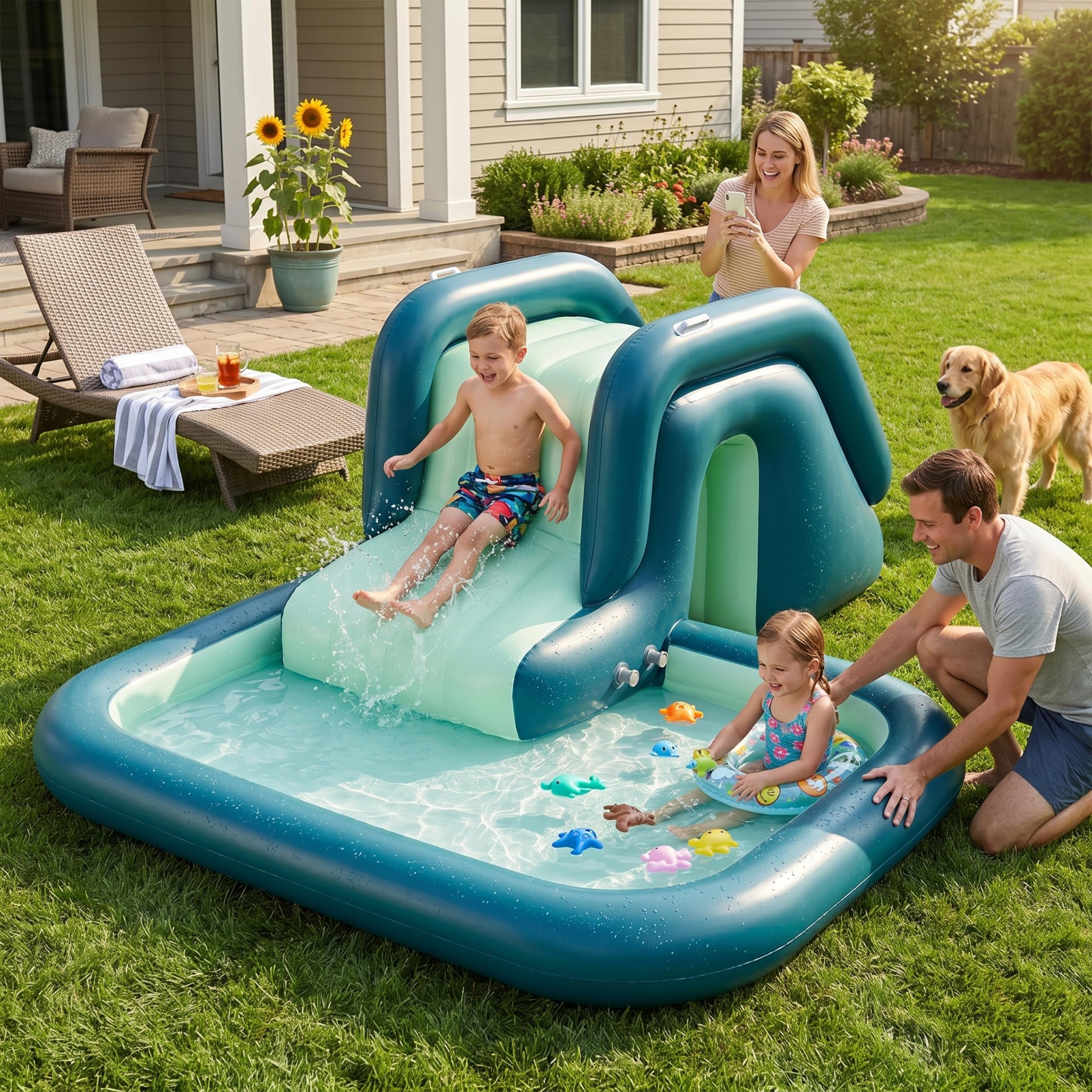 Aufblasbare Poolrutsche für oberirdische Pools – schnell aufblasbare Poolrutsche für Sommerspiele im Hinterhof (grün), Gartendekoration