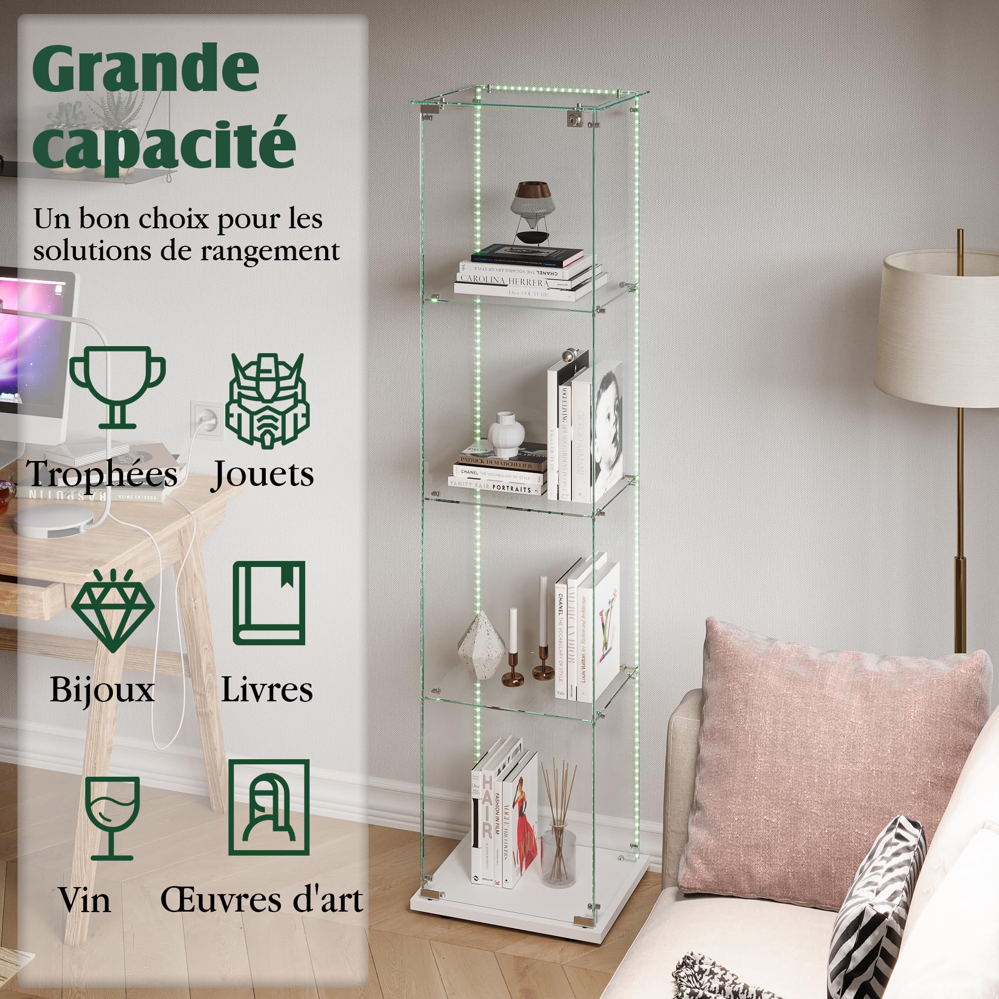 Vitrina de cristal de pie, Vitrina de cristal de pie con LED, 4 capas de cristal madera cristal vitrina armario vitrina 1 puerta y cerradura vitrina armario de cristal armario expositor vitrina de