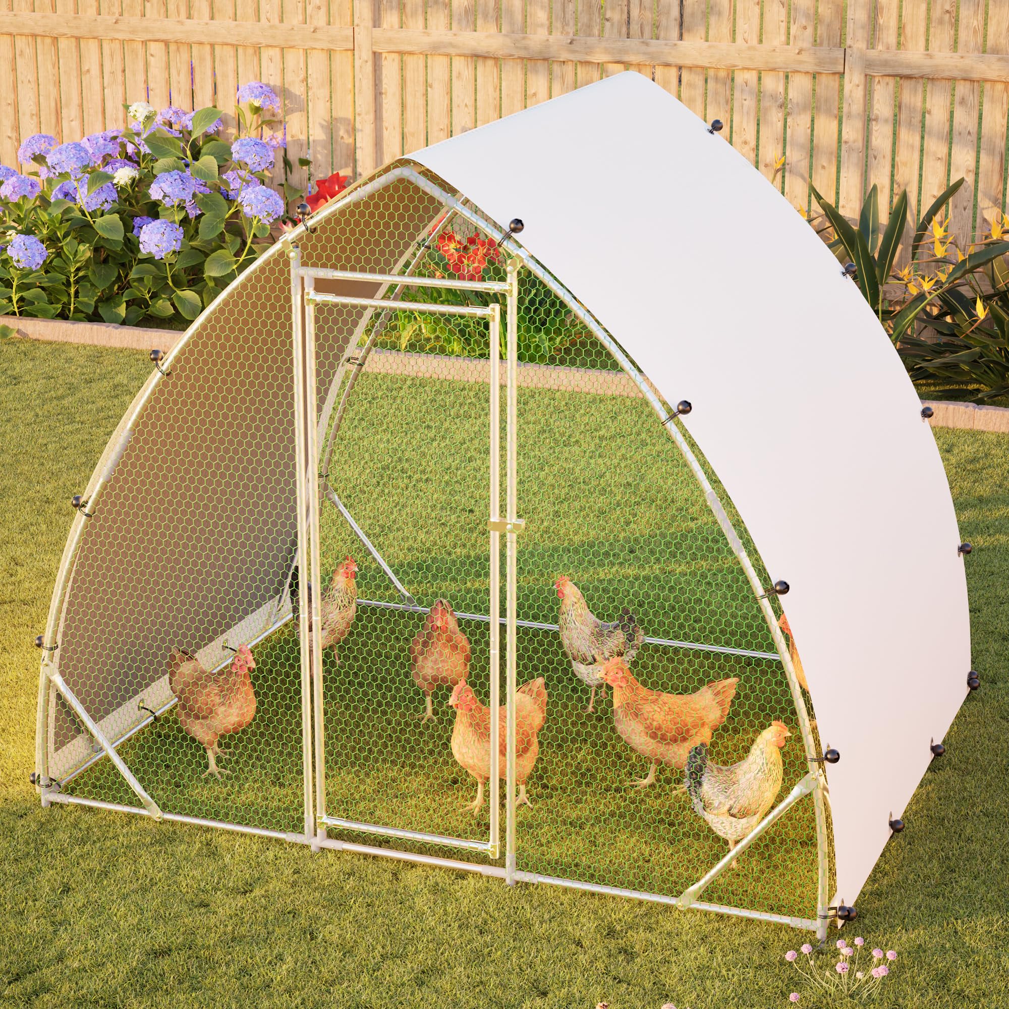 Thanaddo Hühnerstall Metall Freilaufgehege Hühner, 2,5x2 m Dreieckig-oval Hühnergehege mit PE-Tuch, Verzinkter Stahl Kleintierstall mit Riegelsystem-Tür für Hühner Haustierkäfig Kleintiere Garten