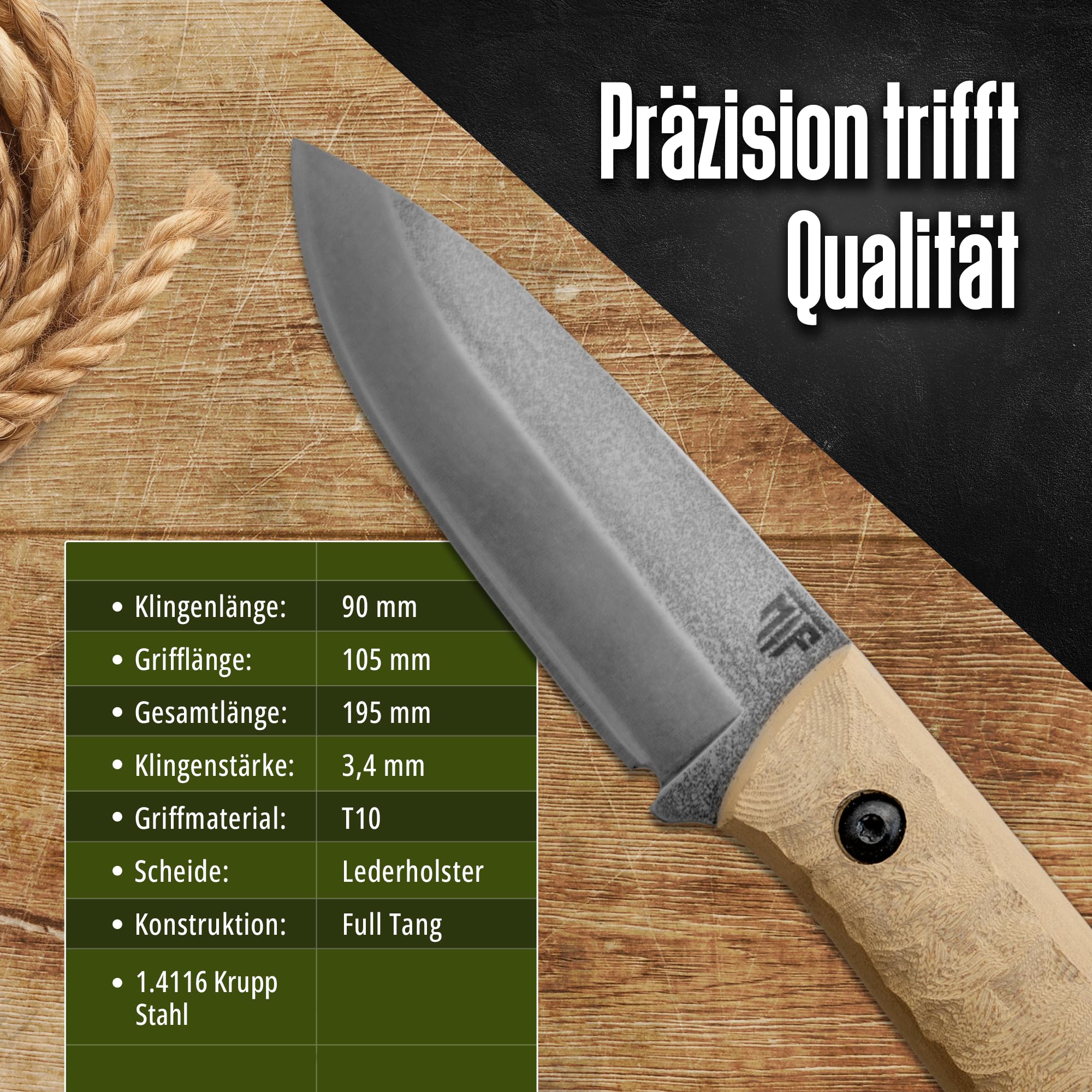 Messerfieber® Outdoormesser Waschbärklinge [Mit Stonewash-Finish & T10-Griff] – inkl. Lederscheide – Outdoor Messer für Bushcraft & Abenteuer – Survival Messer (Handgefertigt & Korrosionsbeständig)