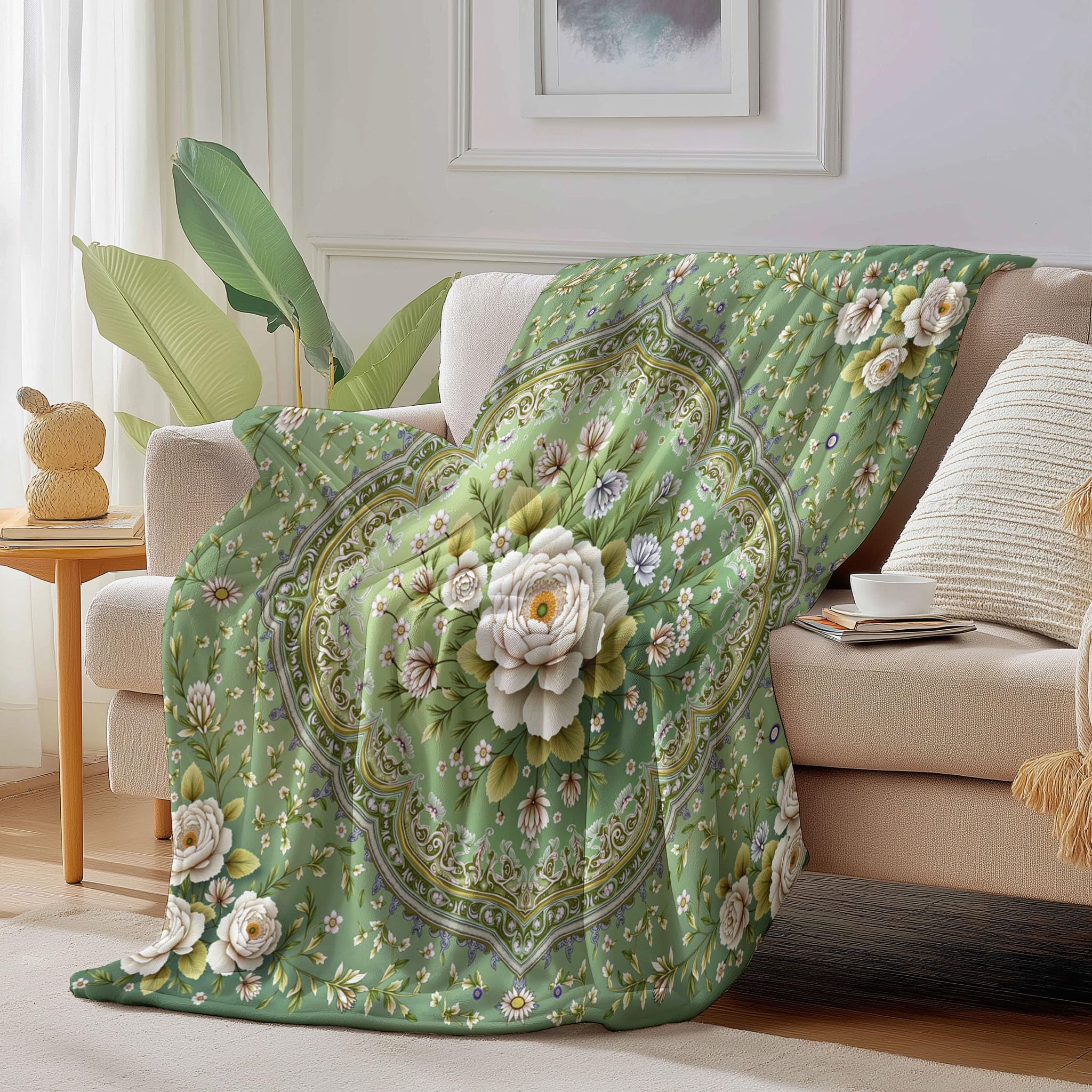 Versátil Manta De Peluche Verde Salvia 220X240Cm Manta Floral Geométrico Mantas Acogedora Botánicos Orientales Mullida Colchas Sofá Mantas De Franela Decorativa para Camas Infantiles Silla