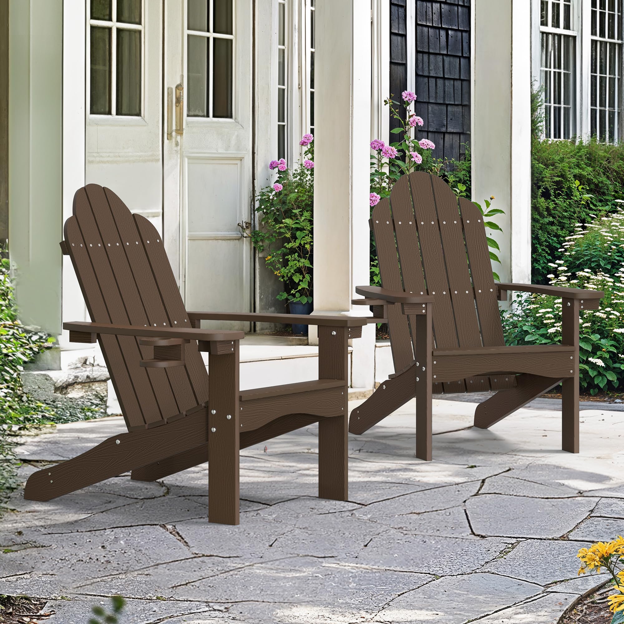 LUE BONA Adirondack Stuh 2er Set,Wetterfester Adirondack Chair aus Kunststoff,mit Becherhalter,Moderner Kunststoffstuhl für Terrasse,Garten,89 x 76 x 92cm,Tragfähigkeit 180kg,Kaffeebraun