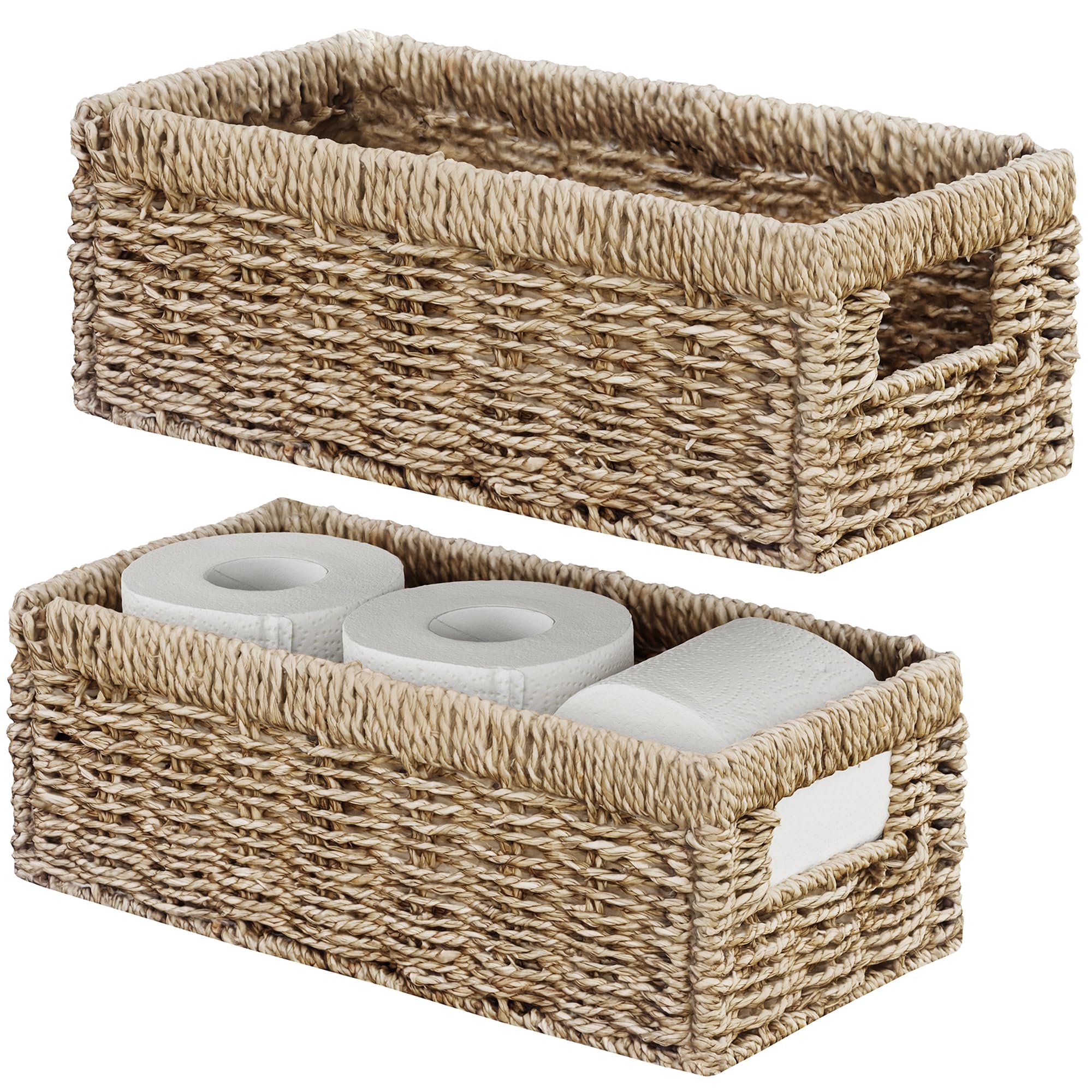 Vagusicc Storage Basket Wicker Baskets for Organizing with Handles Decorative Storage Bins for Countertop Toilet Paper Basket for Toilet Tank Top Small Baskets (11.4x6.1x4.6 inch, 2 Pack) Sea Grass 11.2"D x 6.1"W x 4.8"H