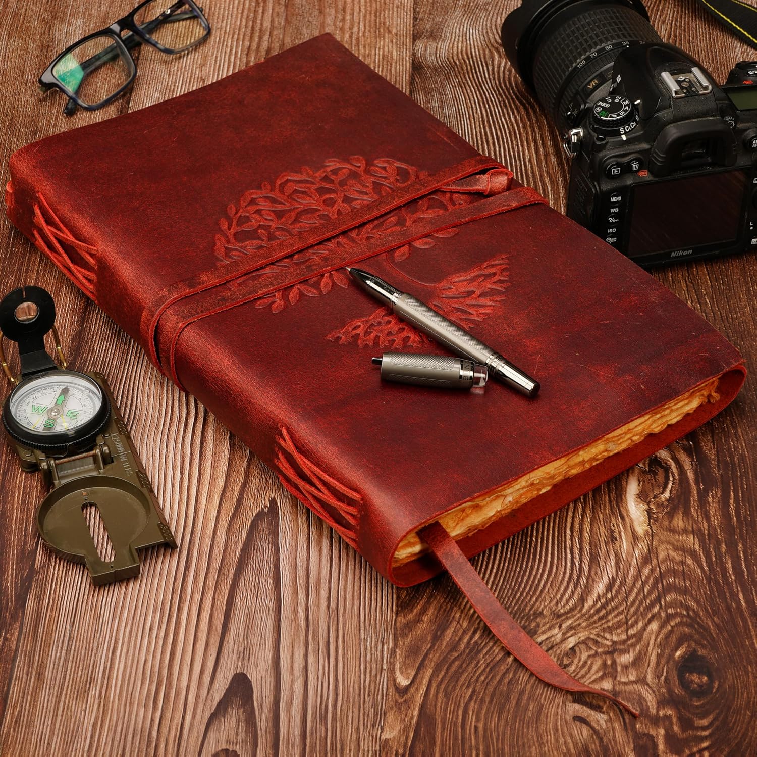 Tree Of Life Leather Journal for Women and Men, Handcrafted Leather Journal for Writing Womens, Sketchbook, Travel Diary with Unlined Deckle Paper, Wine Red 8x13