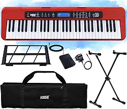 Kit Teclado Musical Estudante Kobe KB-300 RD 5/8 Iniciante 61 Teclas com Sensibilidade ao Toque com Pedal Sustain, Capa e Suporte