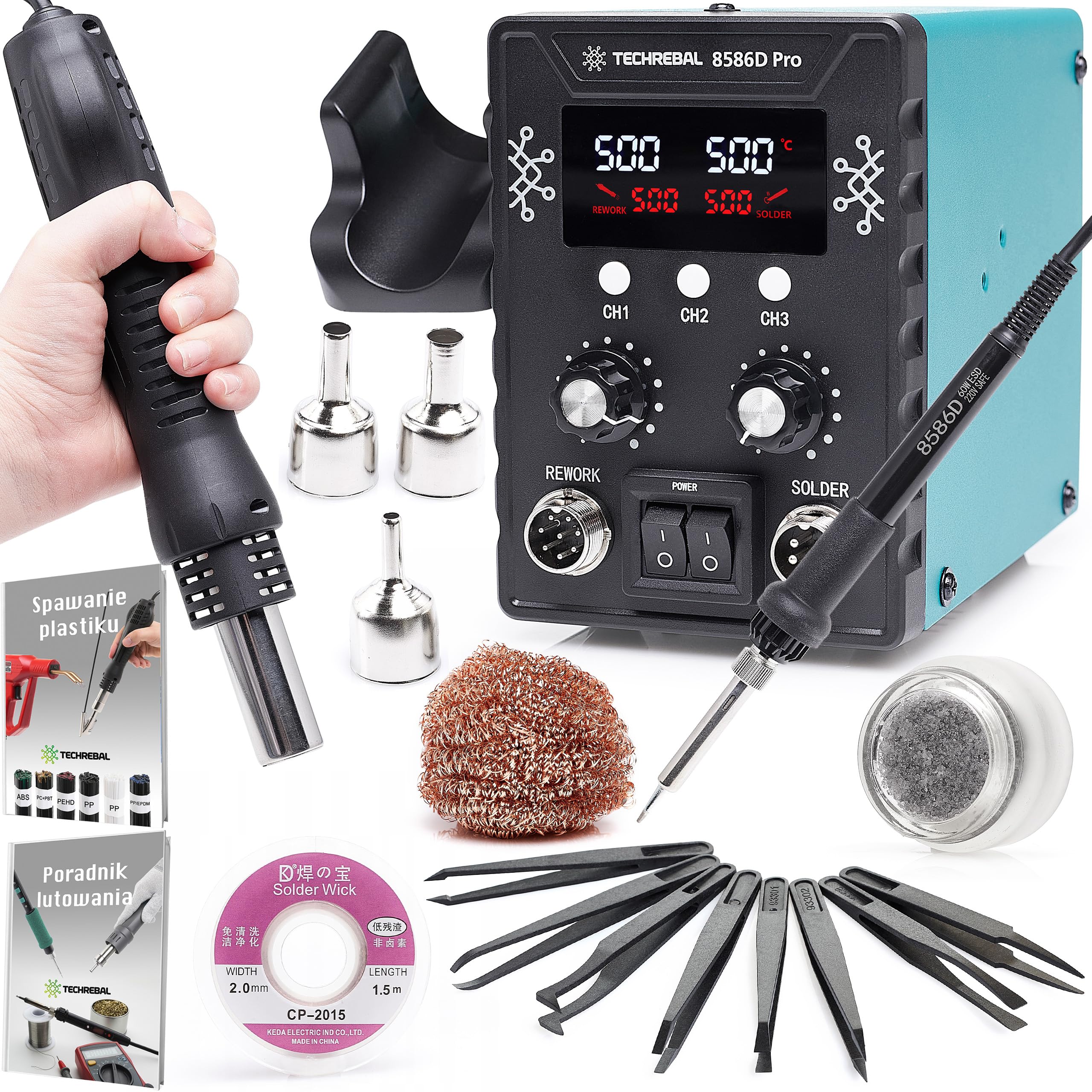 Stacja lutownicza 2w1 Techrebal 8586D 760W Lutownica Grotowa Hot Air Zestaw Akcesoriów Lutowniczych