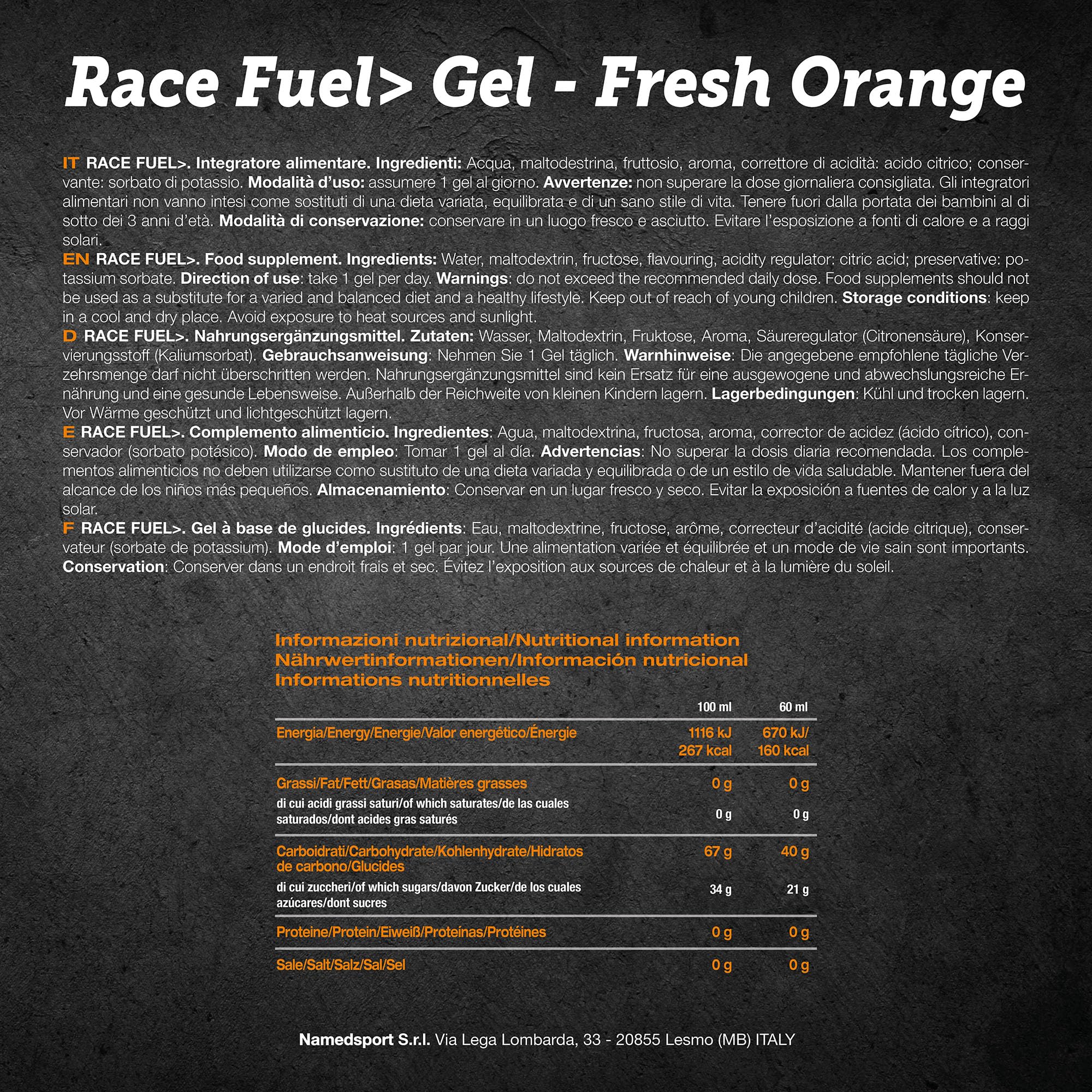 NAMEDSPORT Race Fuel Gel Arancia | Gel Energetico con Maltodestrine e Fruttosio | Sport di Endurance (Ciclismo, Running, Triathlon) | Vegano e Senza Glutine | Gusto Arancia, 24 x 60 ml