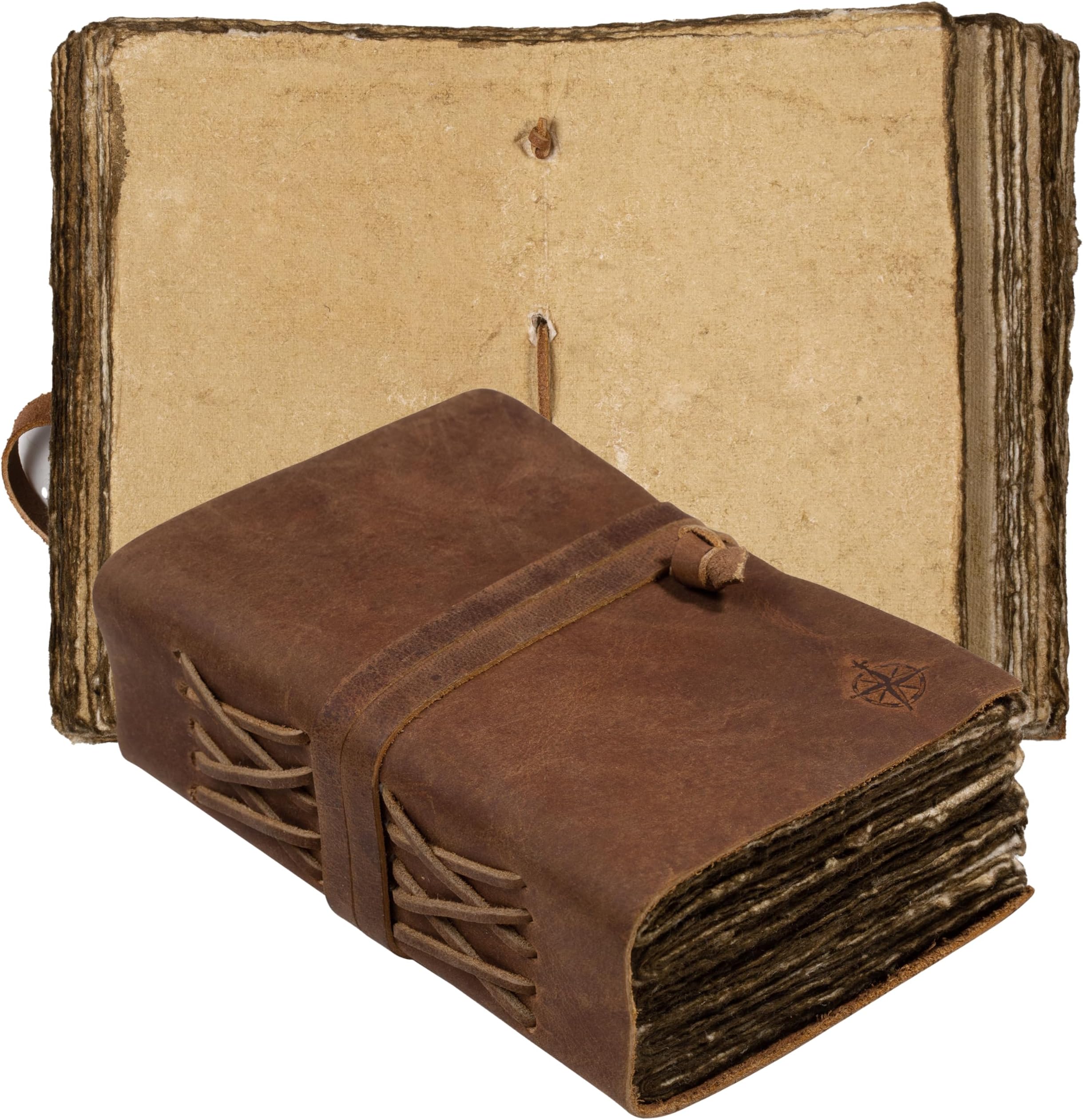 Wanderings Small Vintage Leather Journal - 4" x 6" - Antique Handmade Leather Bound Journal with Old Fashioned Deckle Edge Paper - Perfect for Writing a Diary Notetaking Sketching