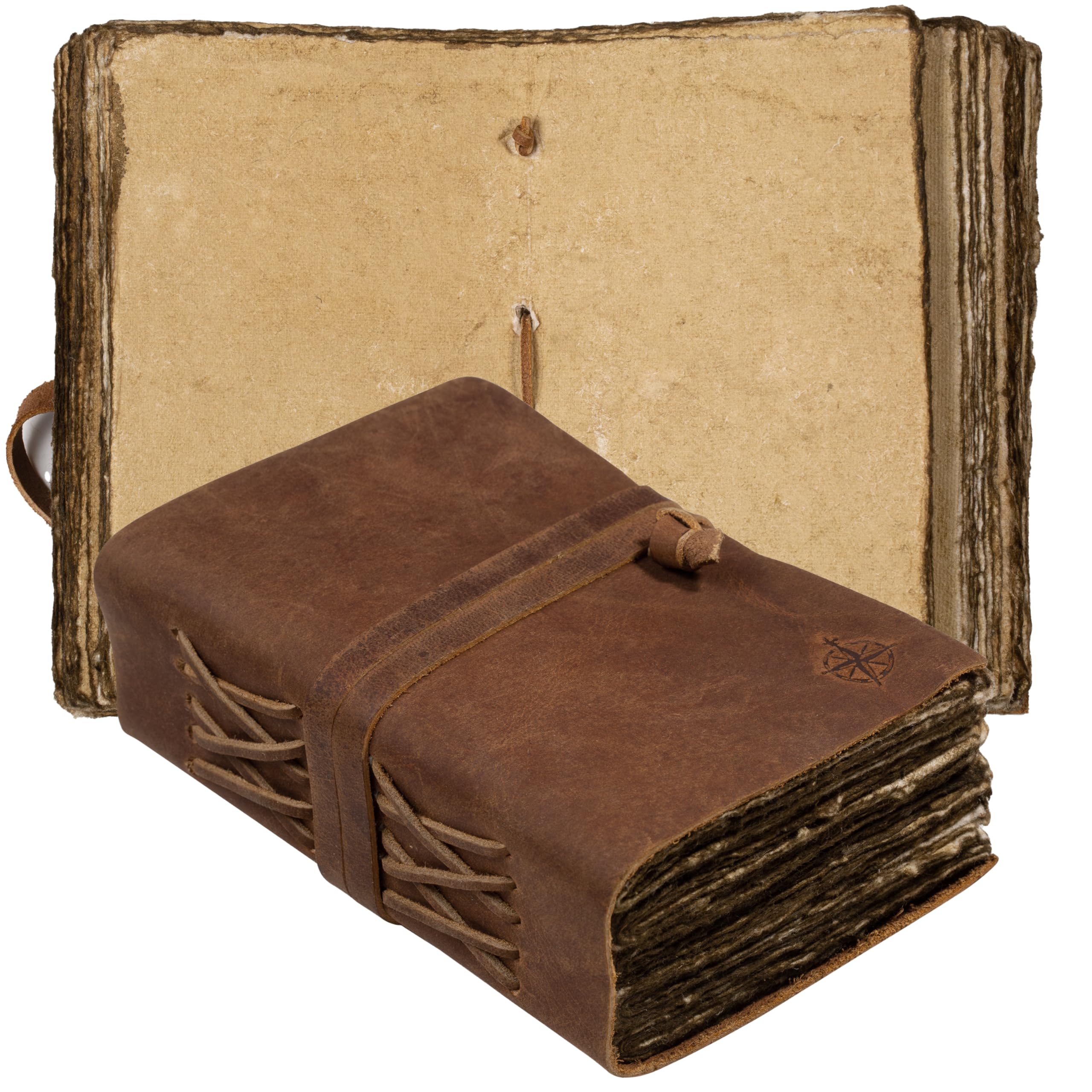 WANDERINGS Small Vintage Leather Journal - 4" x 6" - Antique Handmade Leather Bound Journal with Old Fashioned Deckle Edge Paper - Perfect for Writing a Diary Notetaking Sketching