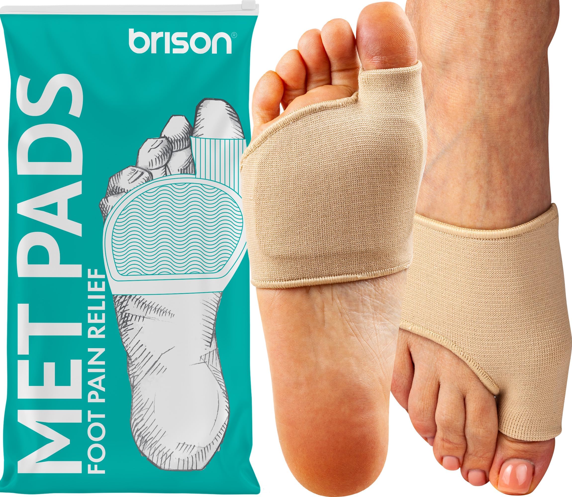 Brison Podiatrist-Designed Metatarsal Pads for Women & Men - Ball of Foot Cushions for Pain Relief Gel Sleeves from Metatarsalgia Morton’s Neuroma - 2 Pairs(Beige, Medium)