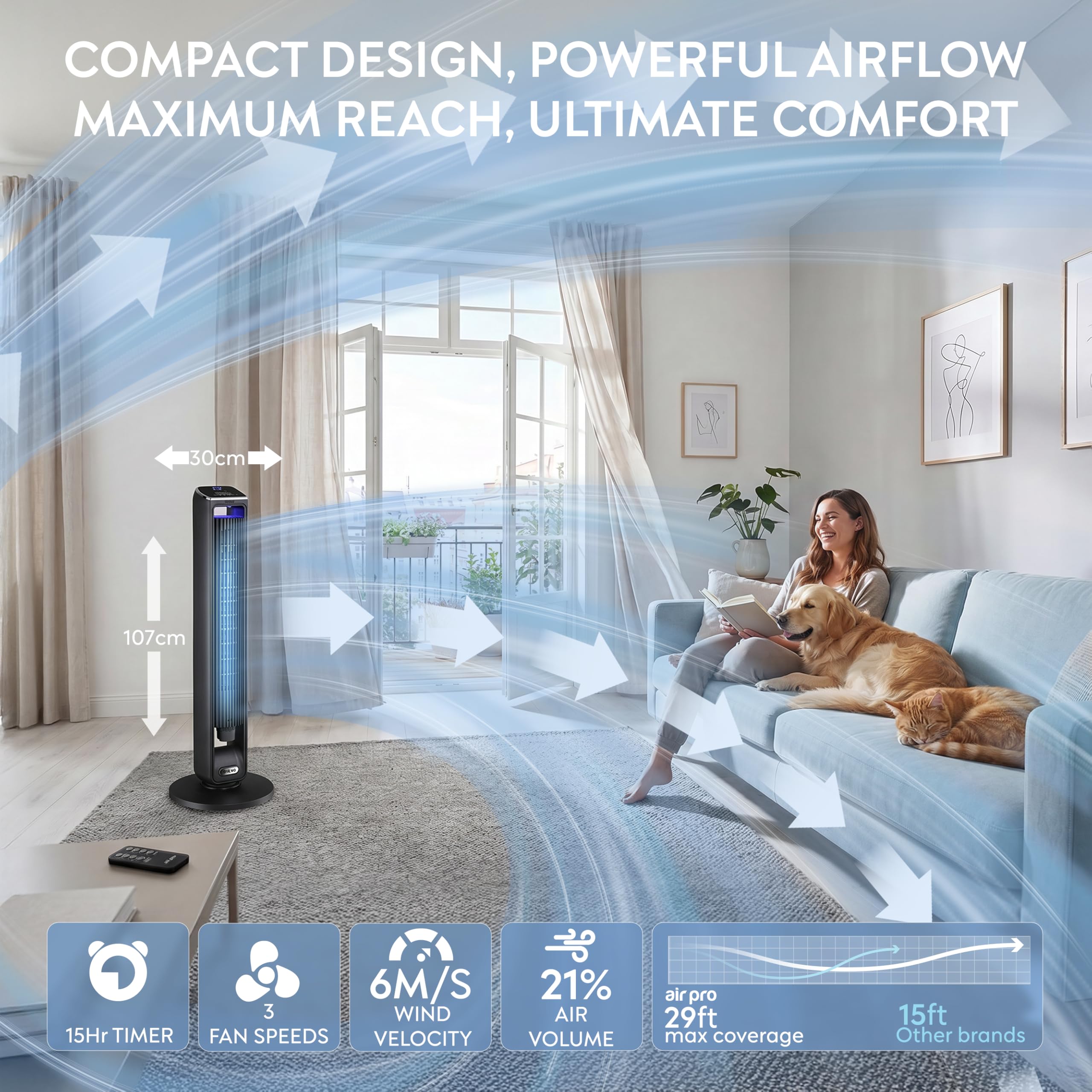 Air Pro 42" Tower Fan SmartVoice™ Control Oscillating Bladeless Fan with Remote - Tall Compact 3 Speeds Quiet 55W Motor Cooling Fan - Floor Standing Fan for Home Office - LED Display 15 Hour Timer