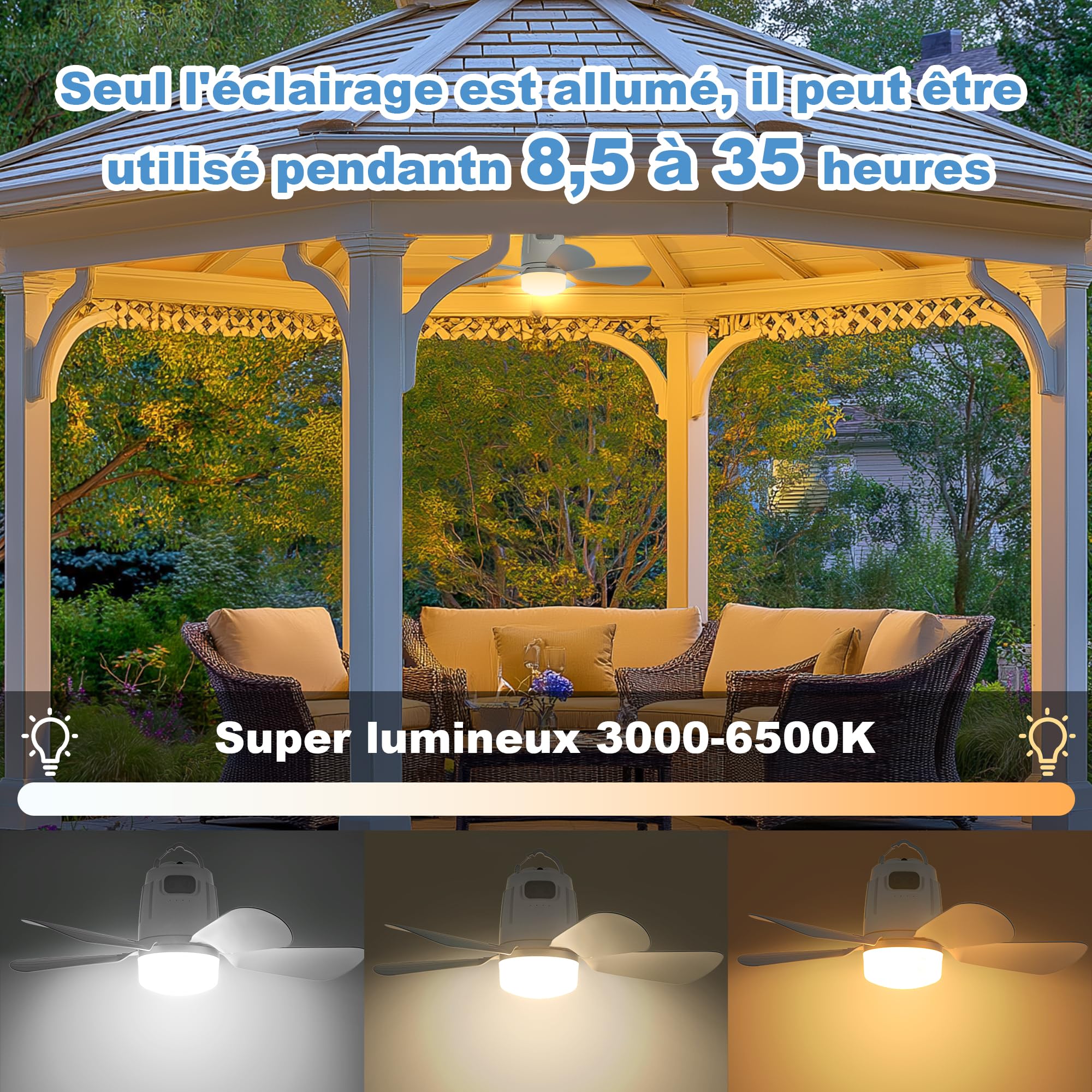 Gliztech Ventilateur de Plafond Extérieur 50CM, 20000mAh avec Lampe et Télécommande Silencieux, Ventilateur Silencieux Plafond, Pergola, Terrasse, Tente ou Parasol