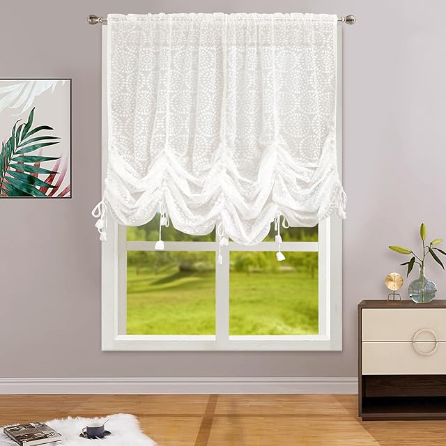 choicehot Voile Sheer Curtains for Window Door - White Lace Tier Curtain Drawstring Process Romantic Tier Tie Up Net Jacquard Curtain for Living Room Bedroom, 200x150cm