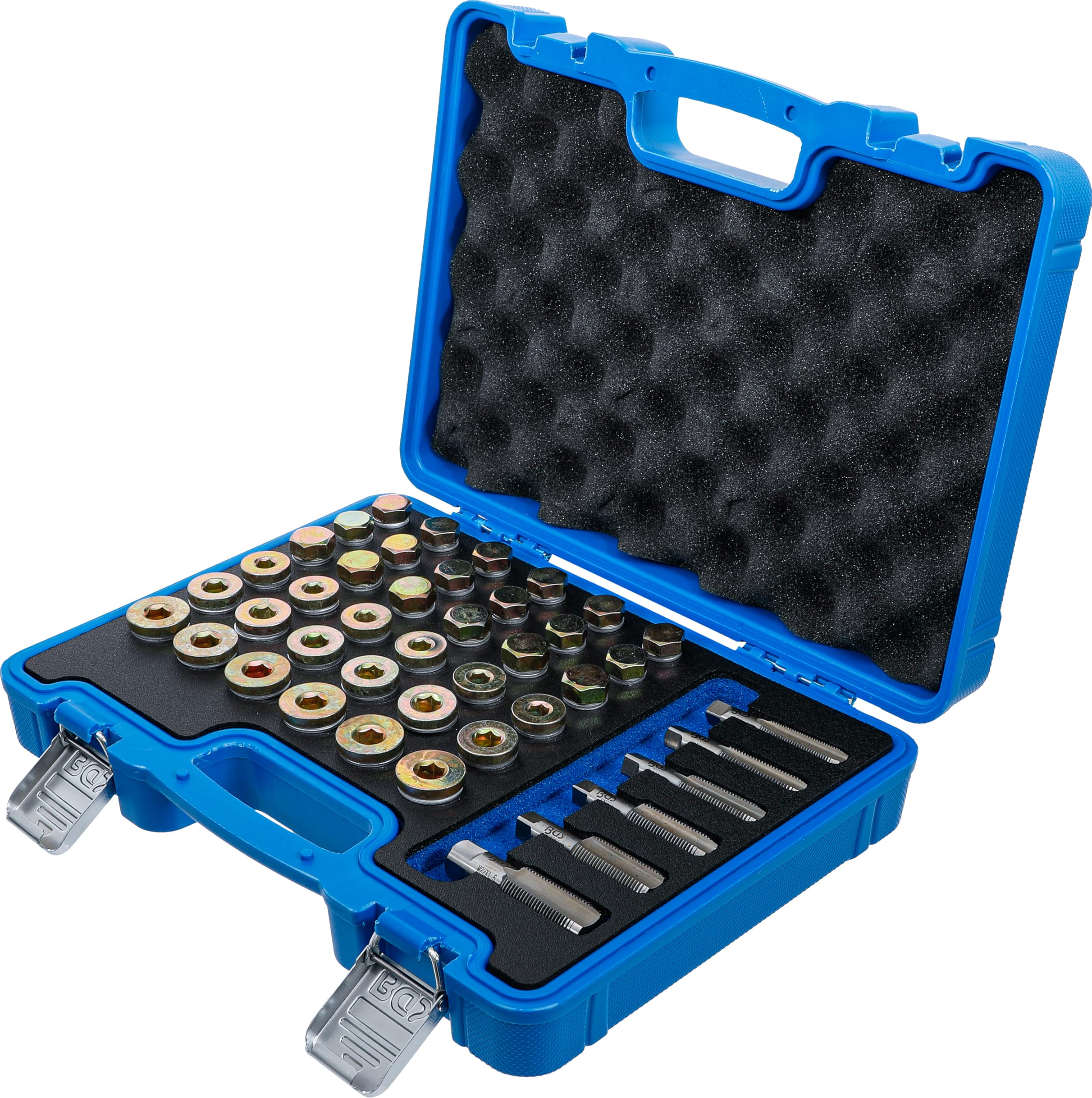 BGS 123 | Reparatursatz für Öl-Ablass-Gewinde | 114-tlg. | 6 Gewindebohrer | 6 Ölablassschrauben | 72 Alu-Dichtringe Ø 13, 15, 17, 20, 22 mm | Chrom-Molybdän-Stahl