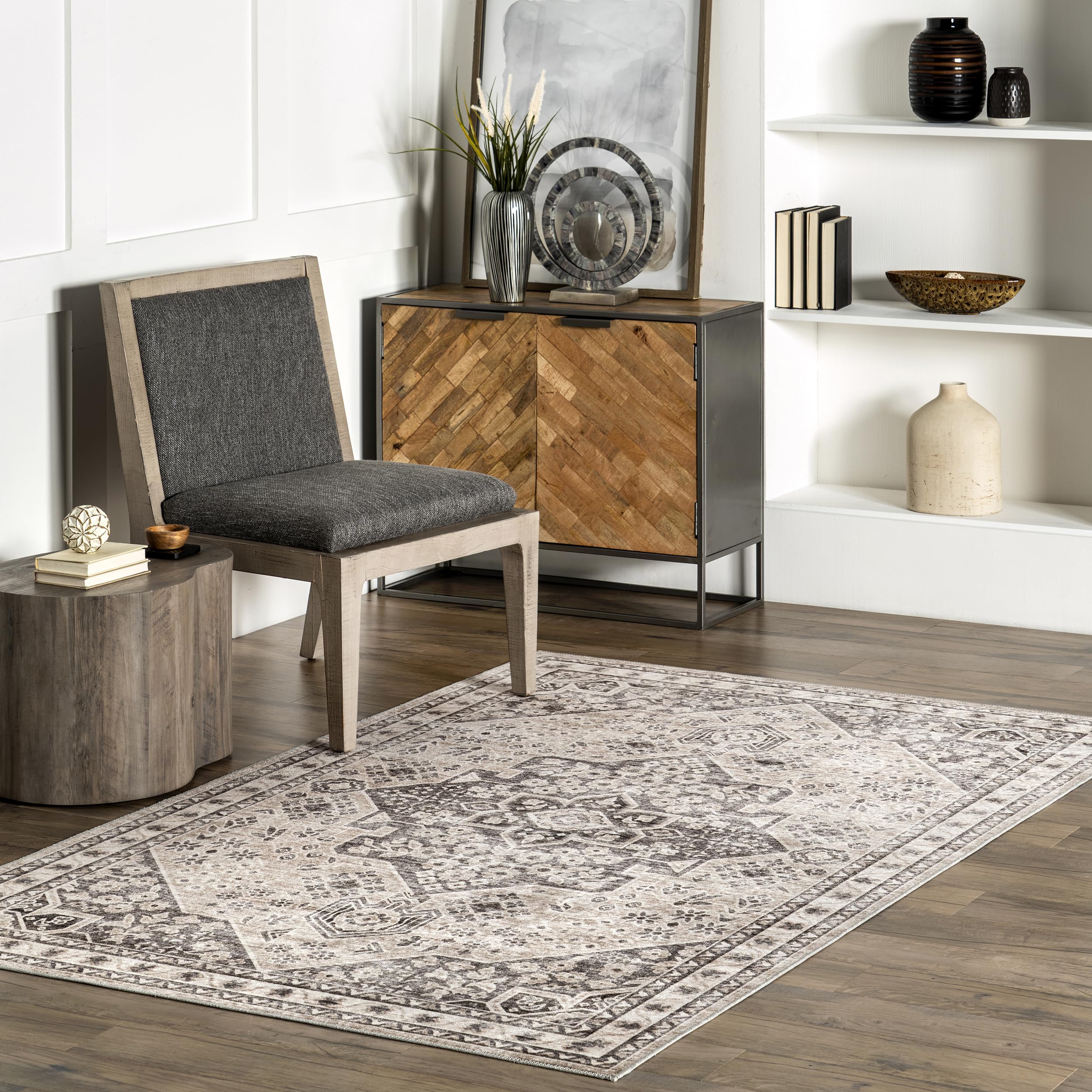 Eira Medallion Stain-Resistant Machine Washable Area Rug, 6' x 9', Taupe