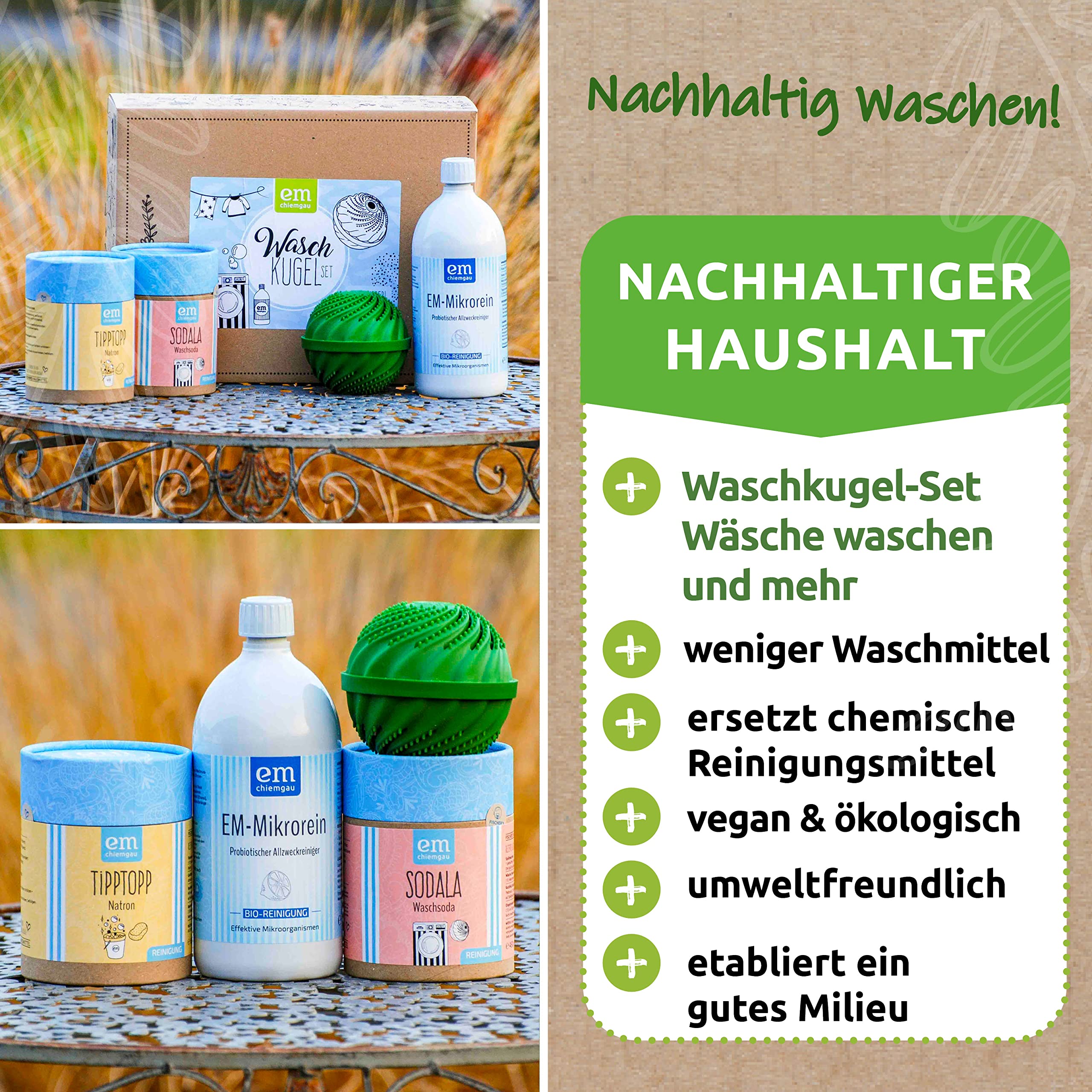 EM-Chiemgau Waschkugel Set mit Effektiven Mikroorganismen [Chemiefrei] Wäsche reinigen mit Probiotischem Weichspüler Mikrorein, Waschsoda, Natron, Waschkugeln & Praxis-Anleitung für Einsteiger
