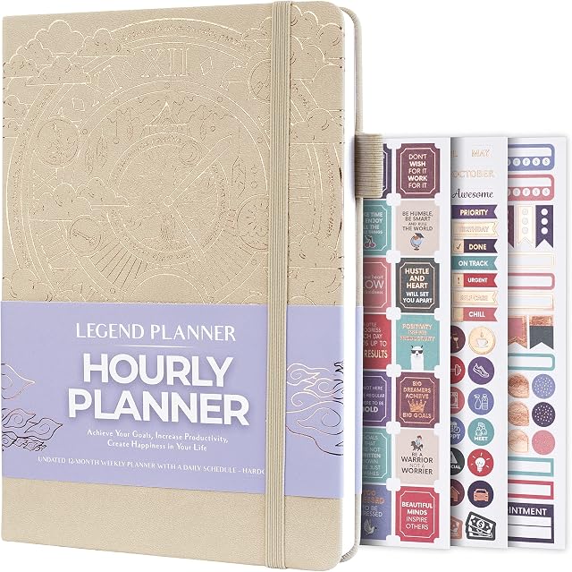 Legend Planner Hourly Schedule Edition  Deluxe Weekly & Daily Organizer with Time Slots. Time Management Appointment Book Journal for Work & Personal Life, Undated, A5 Hardcover  Seashell, Gold Foil