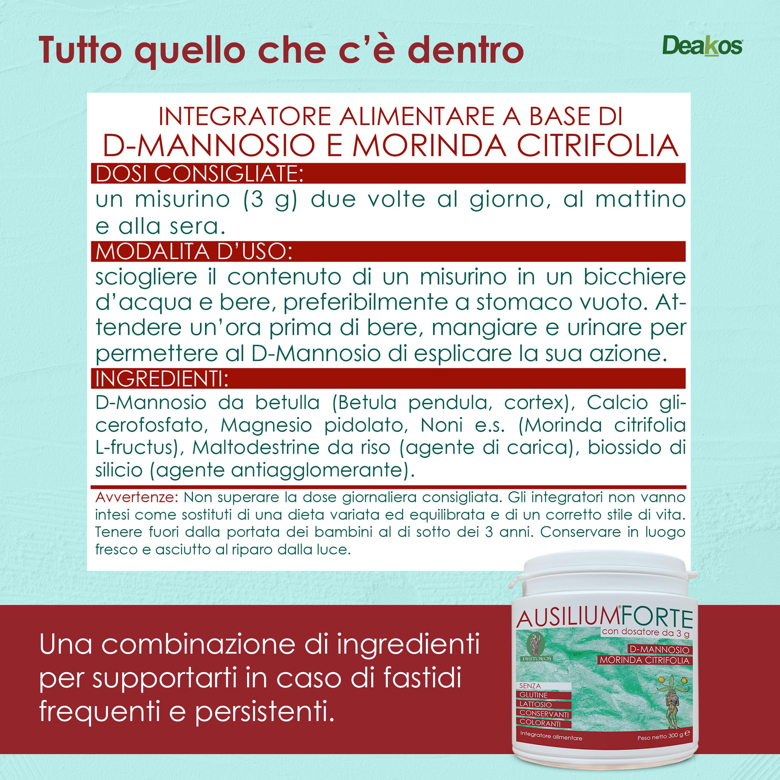 Deakos Ausilium Forte 300g - Integratore Cistite Donna e Benessere delle Vie Urinarie - In Polvere non Aromatizzato - A base di D Mannosio Puro eMorinda Citrifolia - Senza Glutine e Lattosio