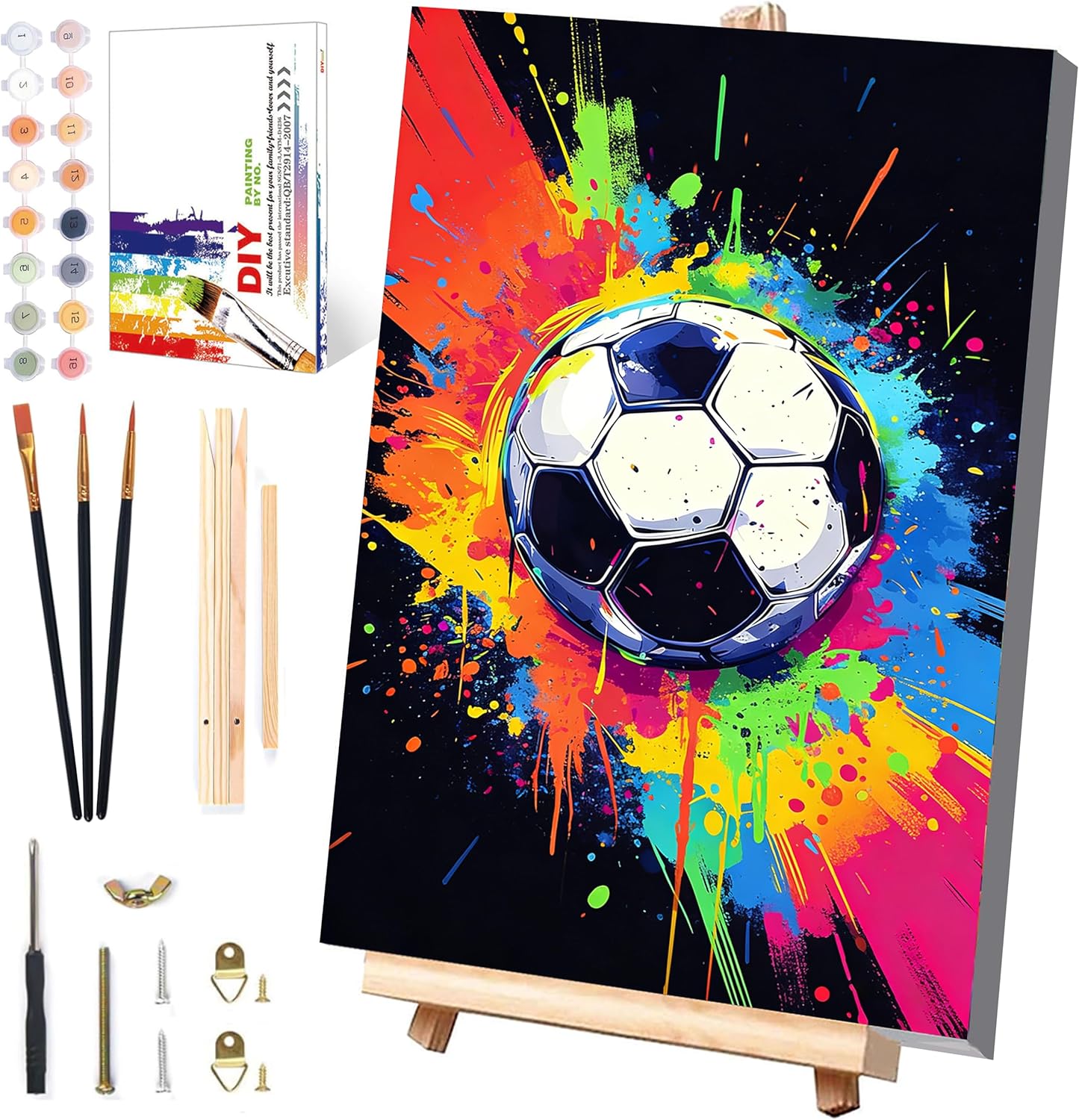 Pujeknm Football Painting by Numbers from 5 6 7 Years Boy with Frame - Wooden Easel, Ball Sports, Paint by Numbers for Children, Acrylic Paints with as a Gift, Medium 30 x 20 cm