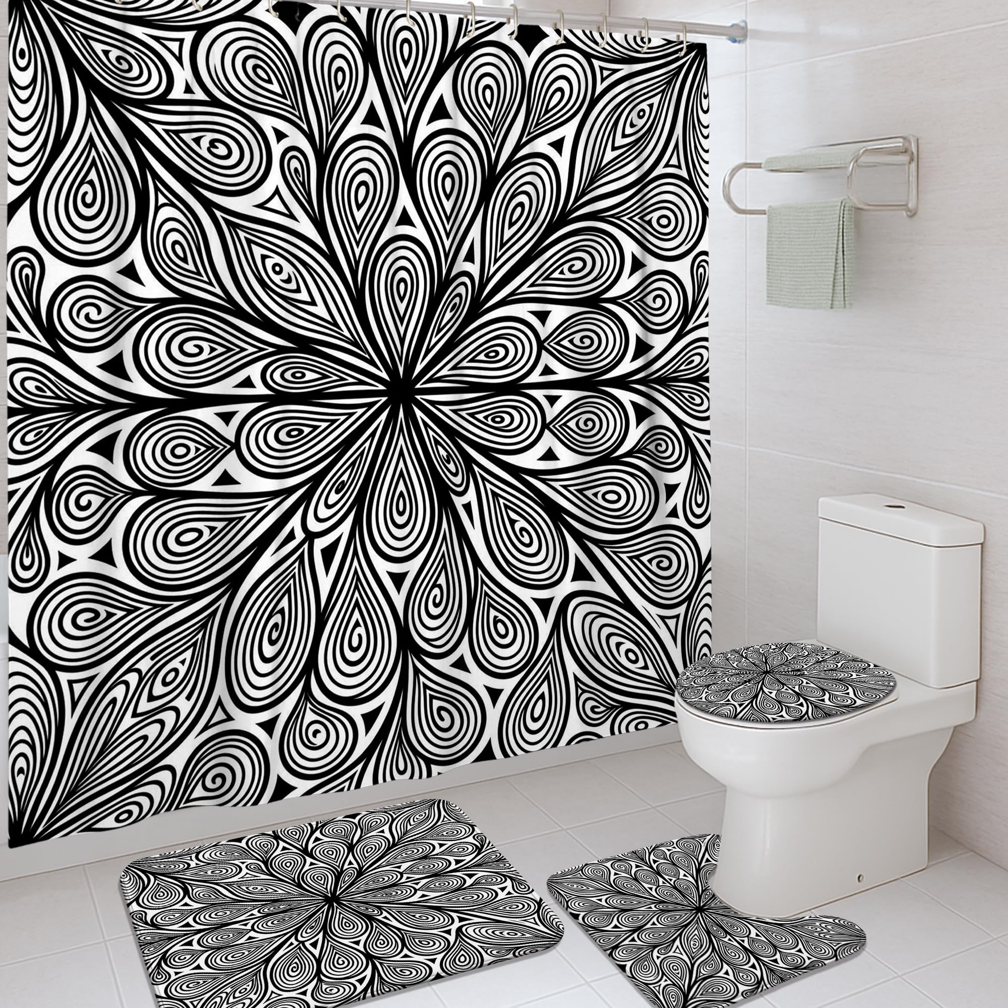 Ensemble rideau de douche imperméable moderne 183x183 motif feuille géométrique
