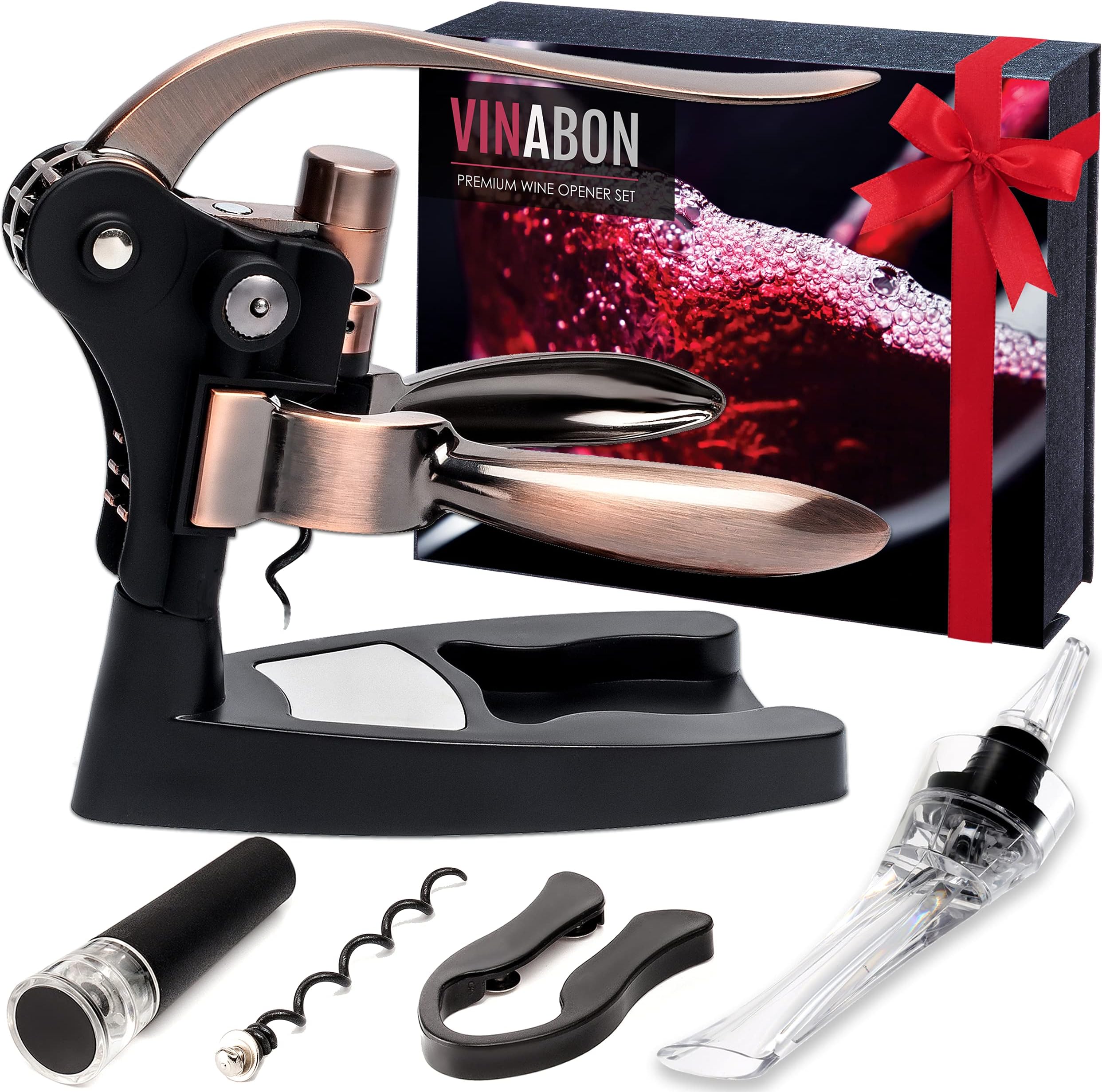 VINABON Wine Opener Set - Updated 2026 All-in-One Wine Bottle Opener Set with Wine Aerator, Foil Cutter, Stopper, Stand - Manual Lever Corkscrews Wine Opener for Wine Bottles with WineGuide eBook