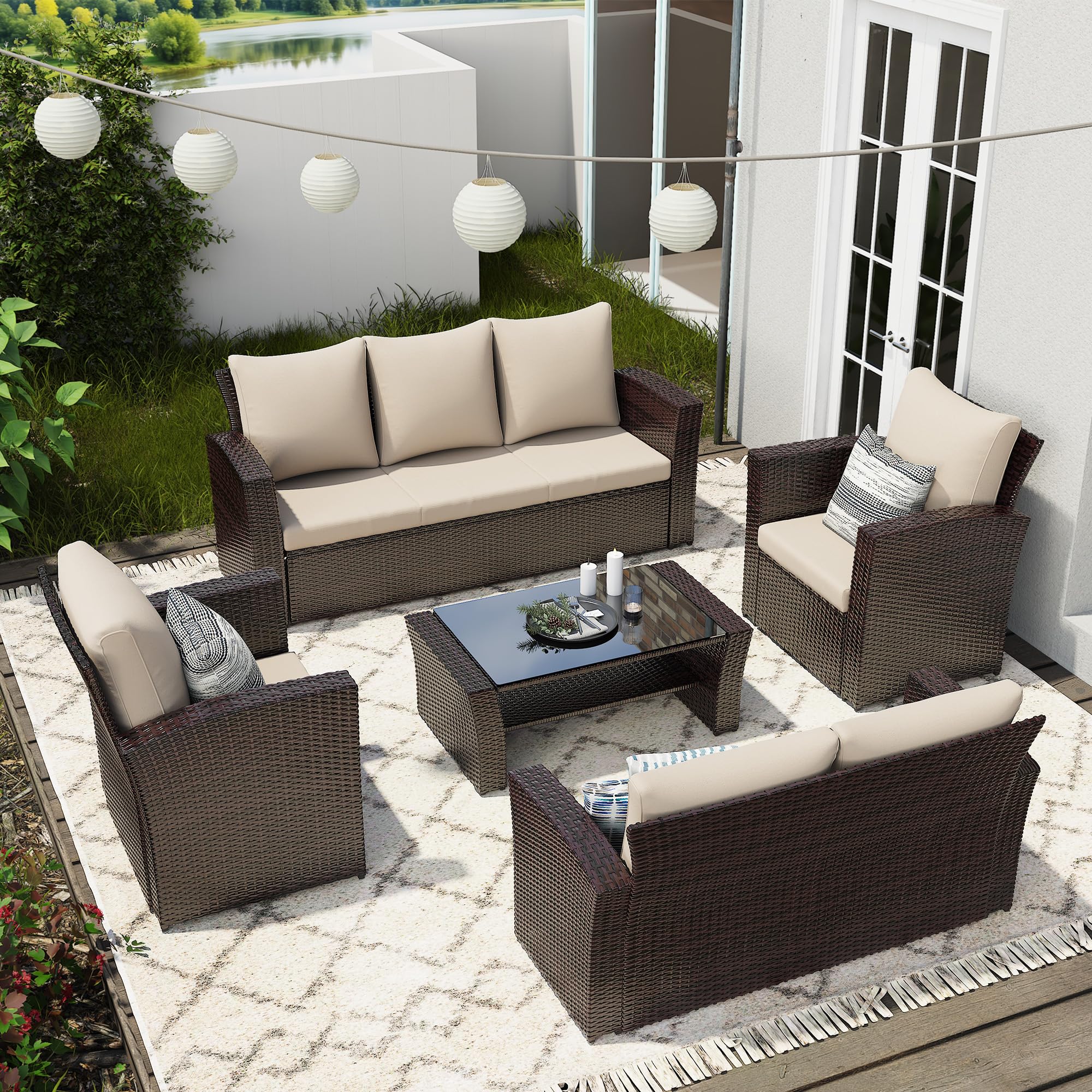 Photo 1 of Wisteria Lane 5 Piece Outdoor Patio Furniture Sets, Wicker Conversation Set for Porch Deck, Brown Rattan Sofa Chair with Cushion