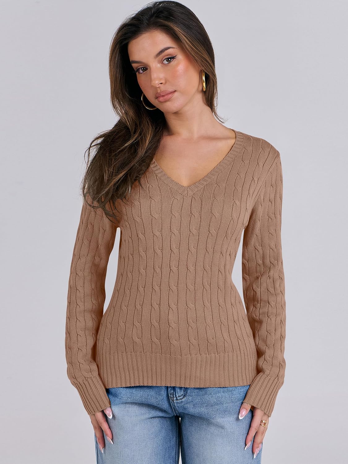 ANRABESS Womens Long Sleeve Cable Knit Sweater 2025 Fall Fashion V Neck Fitted Pullover Top Business Casual Work Fall Outfits - Image 3