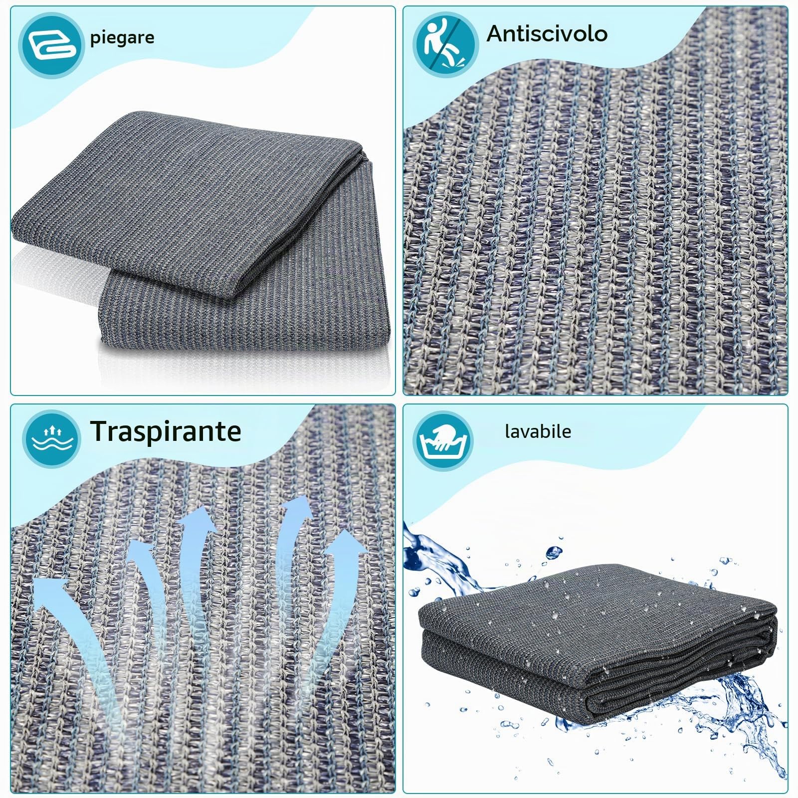 Tappeto per veranda 300 x 400 cm, tappeto da campeggio outdoor traspirante, lavabile, antiscivolo, con 13 picchetti e borsa per il trasporto, per roulotte, camper, tenda da sole, grigio blu