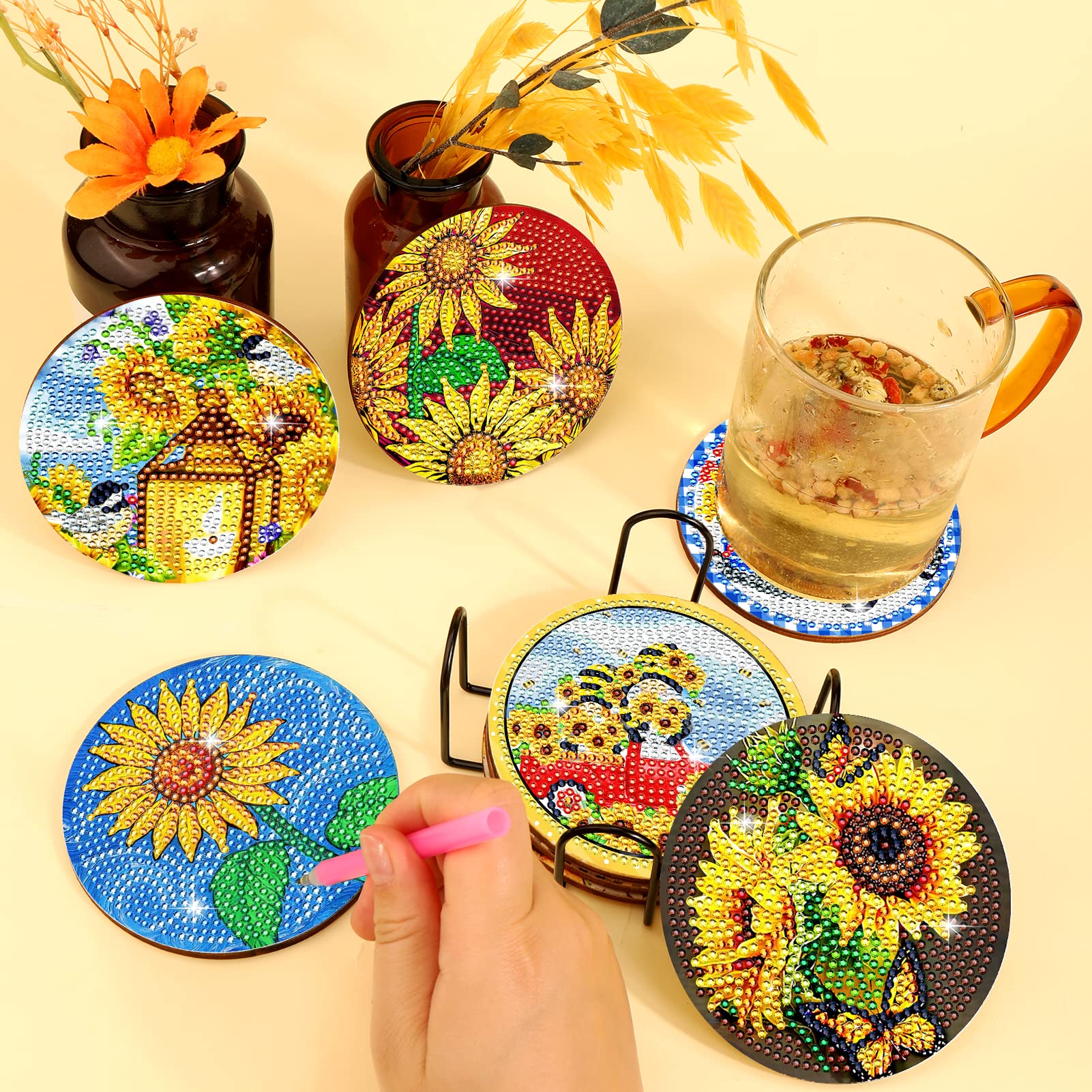 Sunflower Diamond Painting Coasters Kit – 8pc DIY Glass Coasters With Cork Pads & Holder, Craft Set For Beginners & Adults - View #8