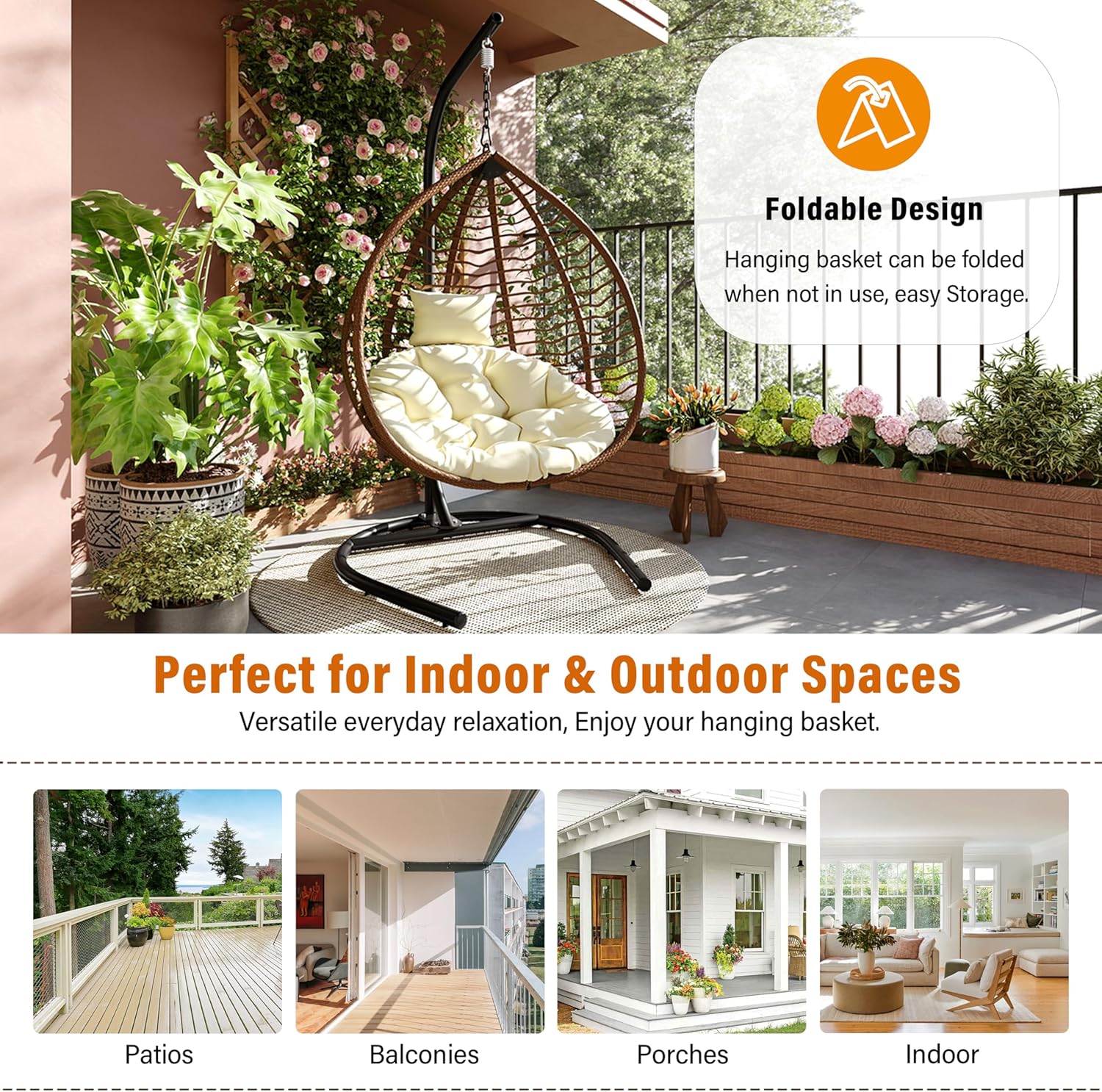 Qwork Hanging Egg Chair with Stand, Boho Teardrop Wicker Swing Chair, Foldable Deep Seat Hammock with Thick Cushion & Headrest, 330lbs Heavy Duty for Bedroom, Indoor, Outdoor, Patio (Brown & Beige)