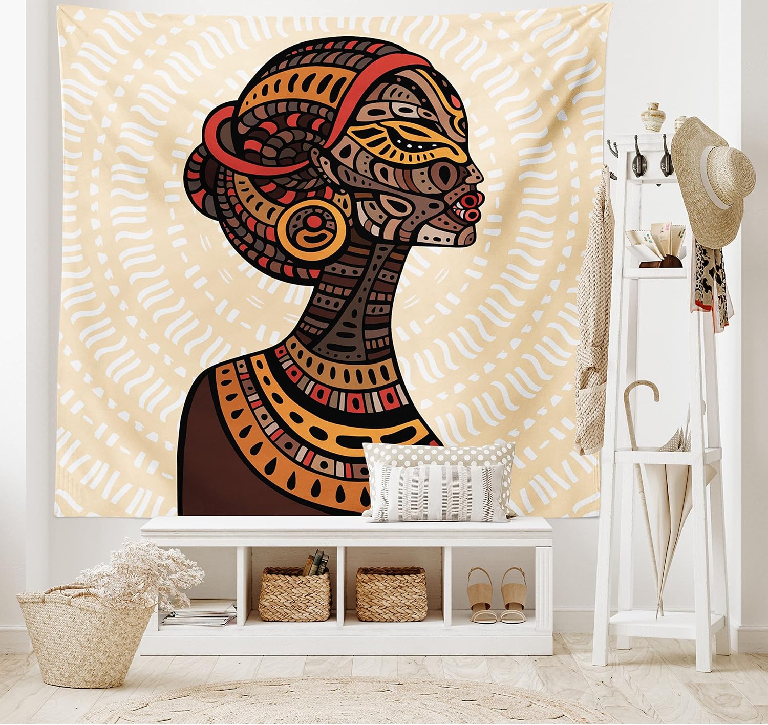 Ambesonne African Tapestry, Hand Drawn Illustration Profile Portrait Ornaments Folk Art, Wide Wall Hanging for Bedroom Living Room Dorm, 80" X 60", Cream Brown