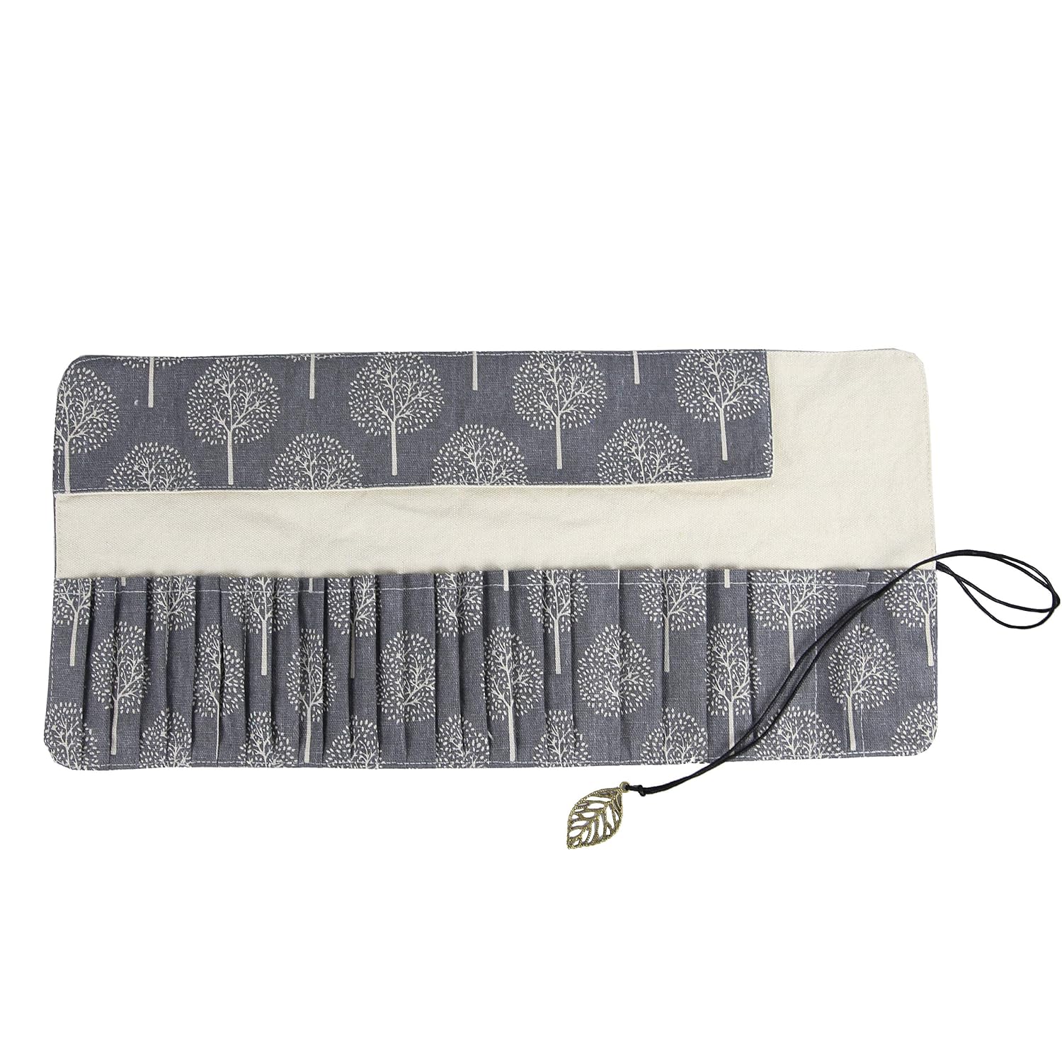 24 Pockets Makeup Brush Rolling Case Pouch Holder Cosmetic Bag Organizer Case with Belt Strap, NO BRUSHES (Gray Tree)