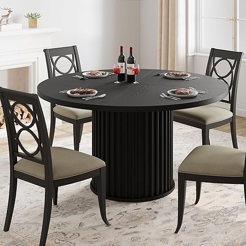 GarveeHome 47Inch Round Dining Table for 4-6 People, Black Dining Room Table with Sturdy Waveform Metal Pedestal Base, Industrial Circle Kitchen Table for Dining Room, Kitchen