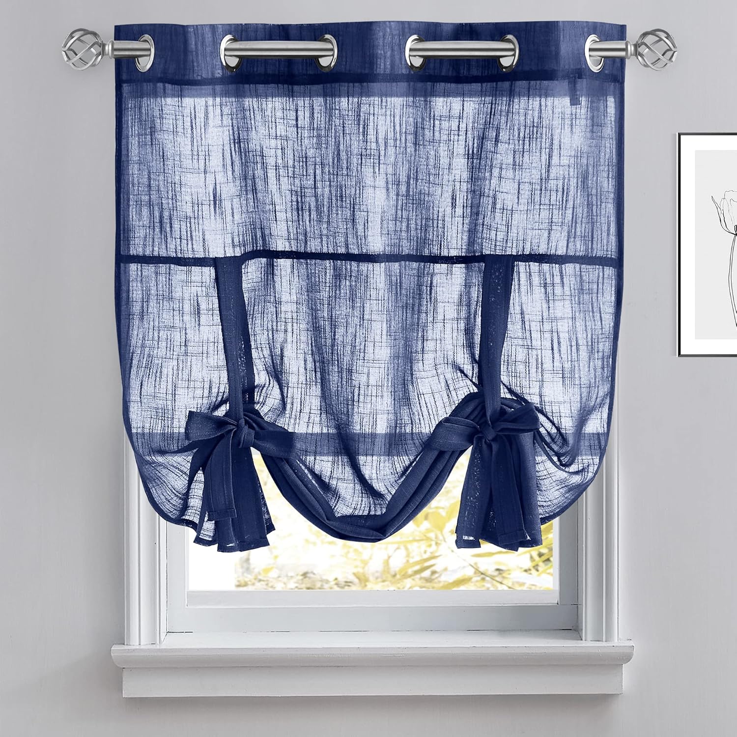 Pony Dance Kitchen Curtains for Window - Semi-Sheer Decorative Roman Shade for Bedroom Tie Up Blinds Short Window Covering, 42" Wide by 54" Long, Navy Blue, Set of 1