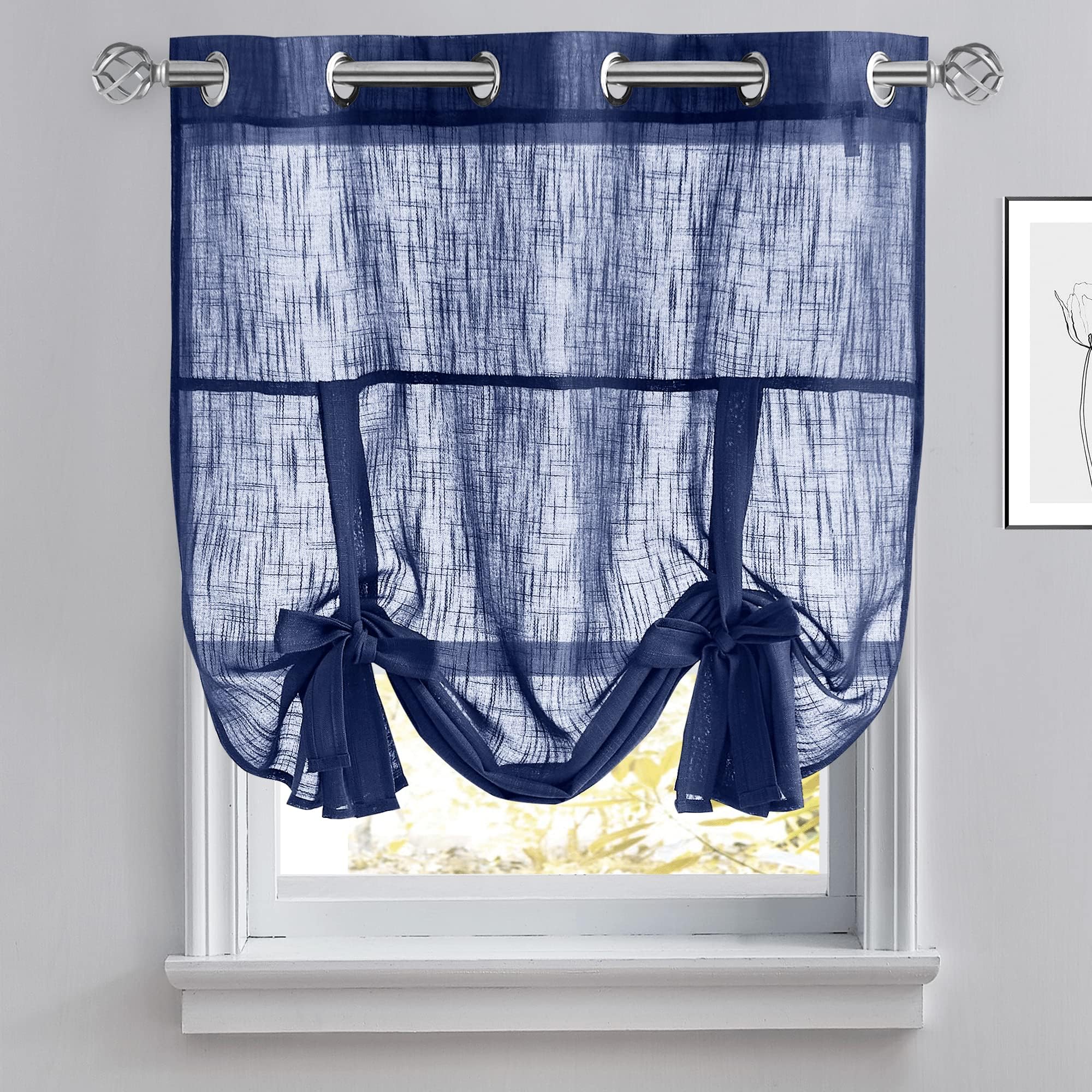 PONY DANCE Roman Shade for Windows - Semi-Sheer Tie-up Blinds Curtain Valance for Kitchen Drapery Home Decoration foe Basement Bathroom, W 42 x L 45 in, Navy Blue, 1 Panel